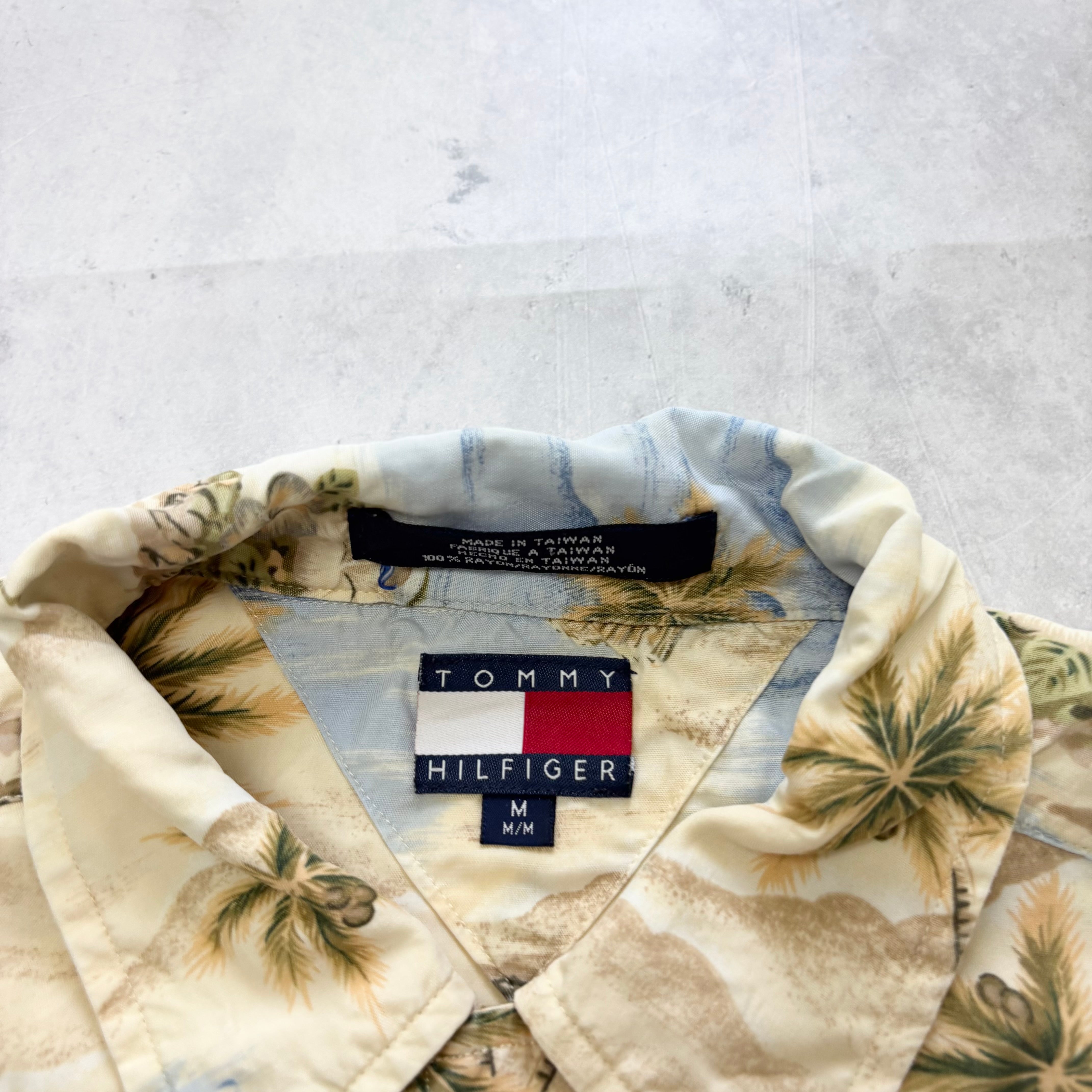 Vintage Tommy Hilfiger Hawaiian Shirt Mens Large Beige Aloha Rayon 90s (E)
