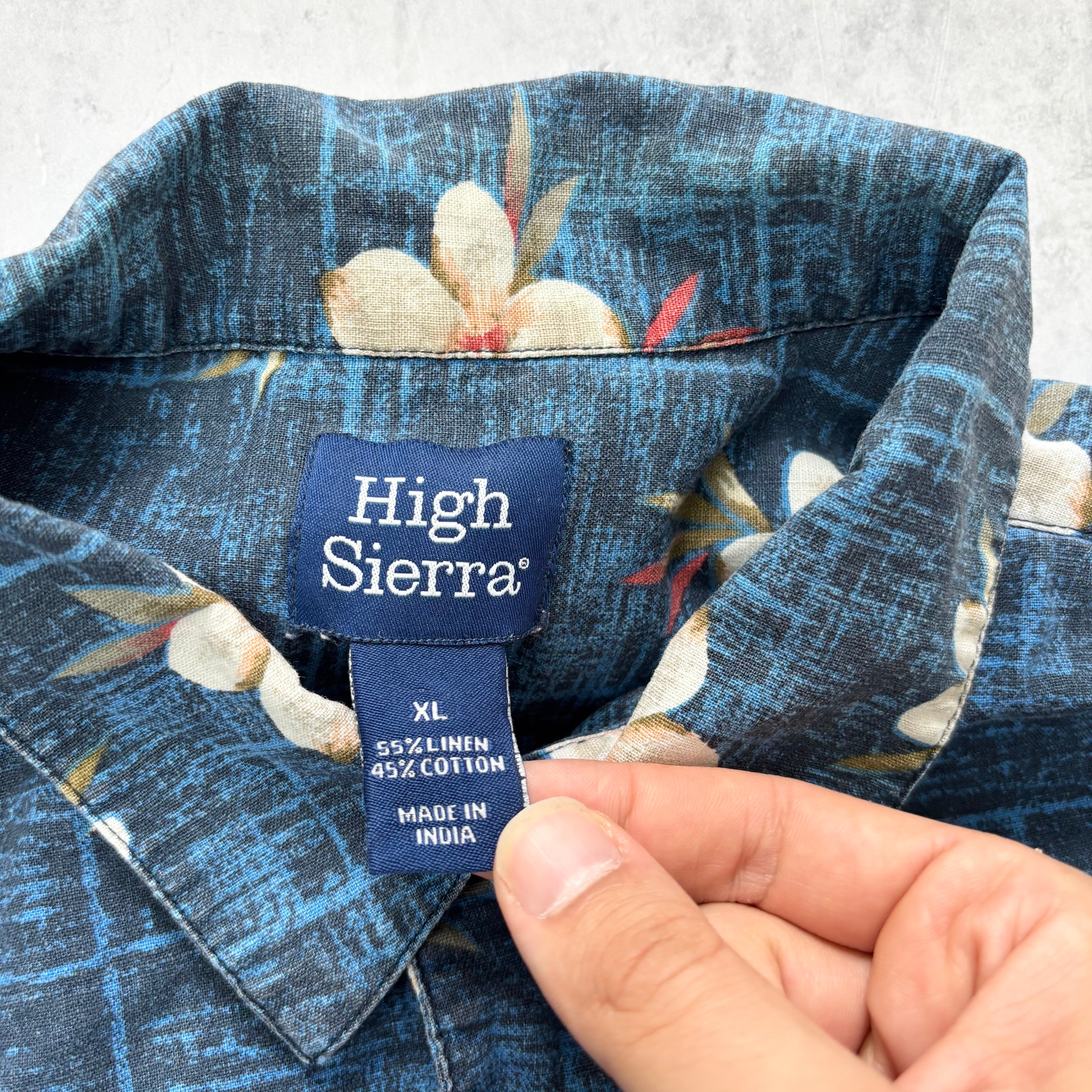 Hawaiian Shirt Mens XL Blue Floral Aloha Short Sleeve Linen Blend (E)