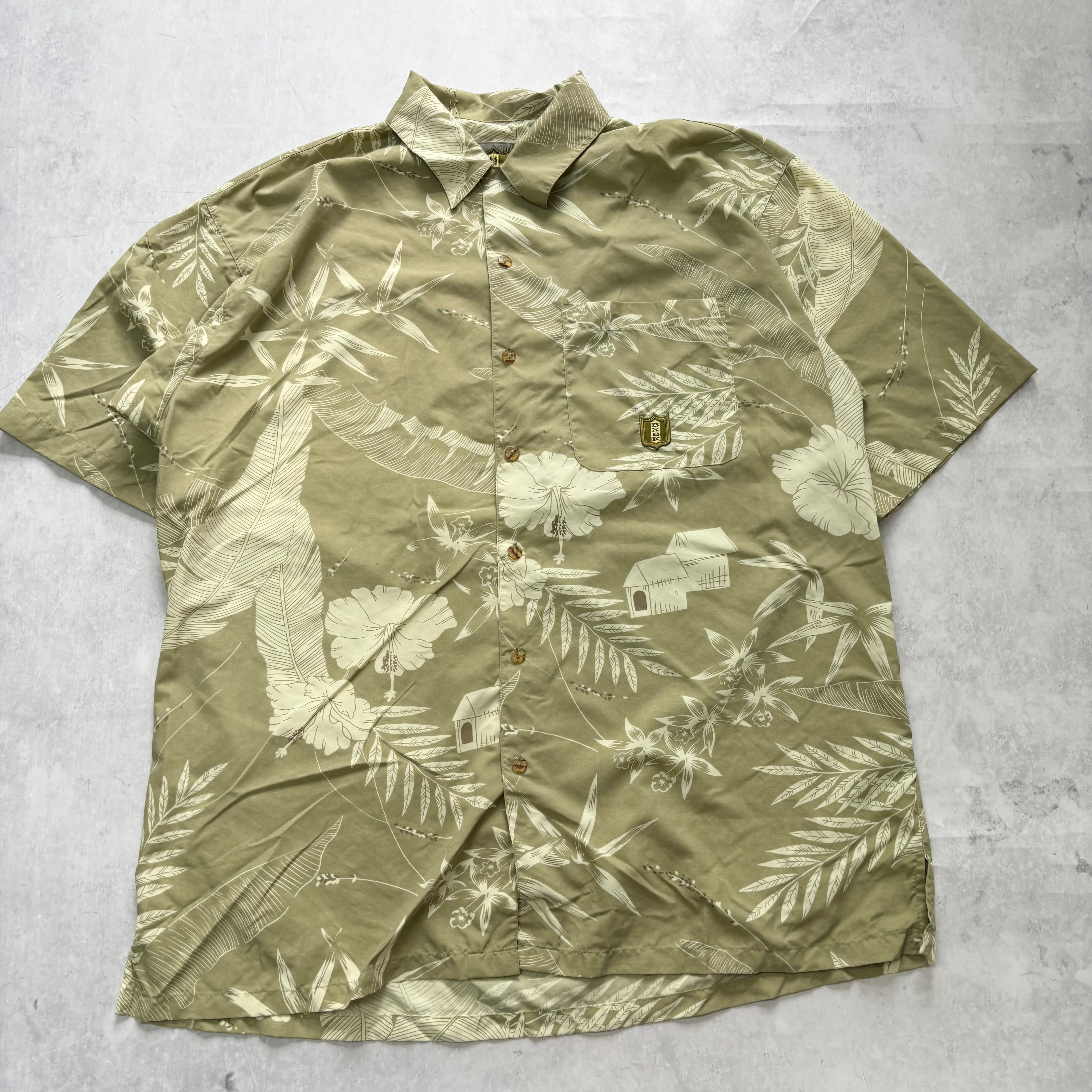 Vintage Hawaiian Shirt Mens Large Green Floral Aloha Short Sleeve Nylon (E)