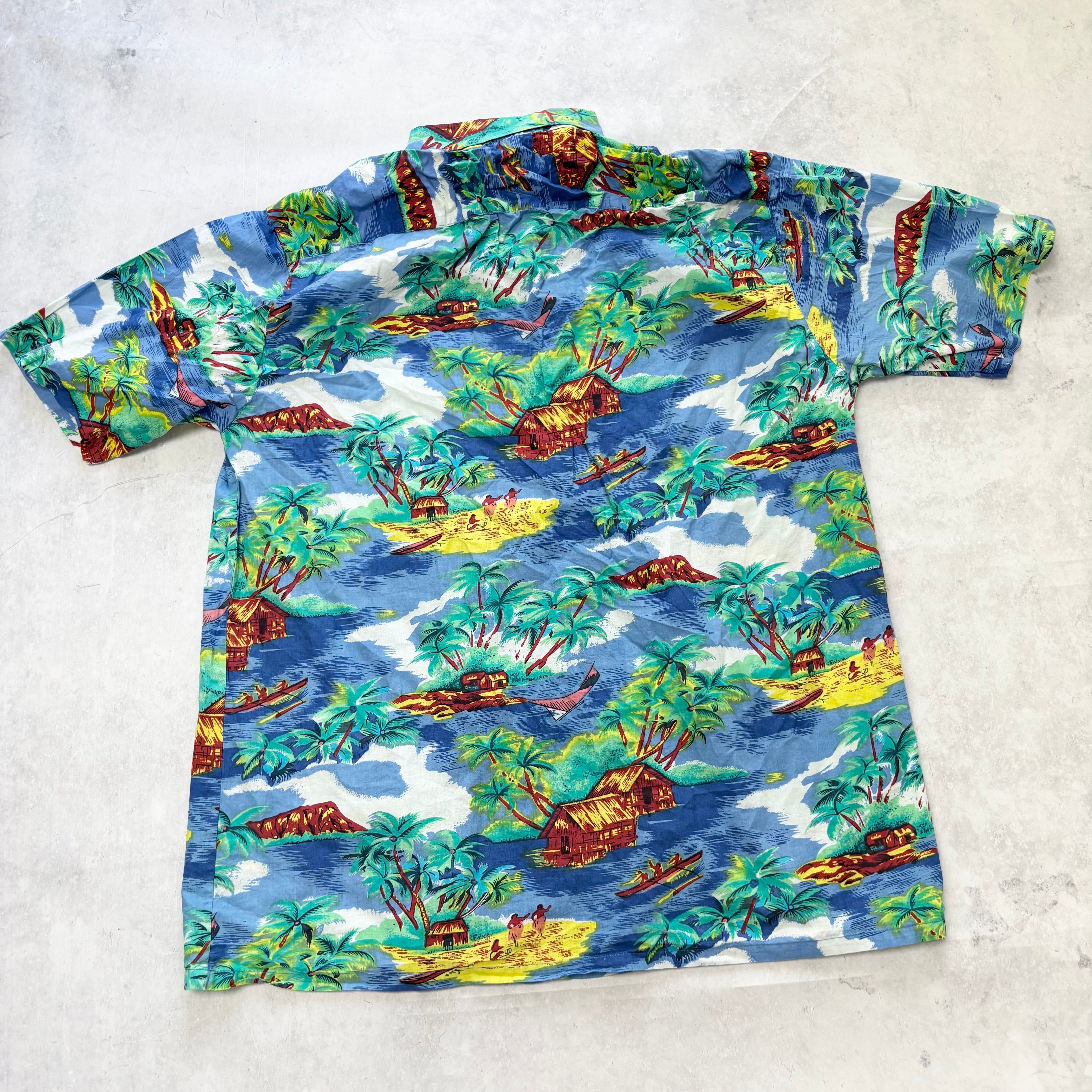 Vintage Hawaiian Shirt Mens XL Blue Multi Floral Aloha Short Sleeve