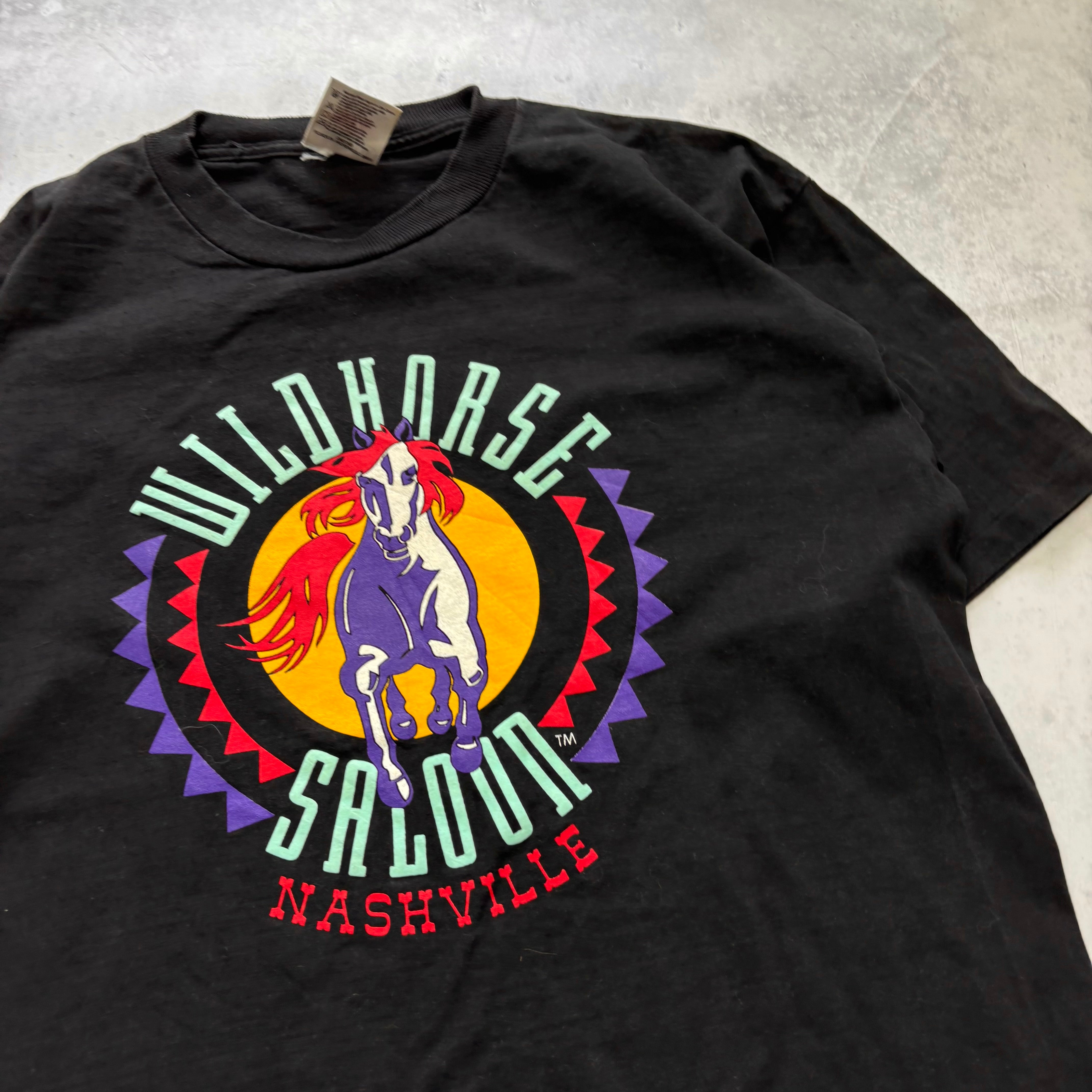 Vintage T Shirt Mens Large Black Single Stitch Graphic Print 90s USA Horses (E)
