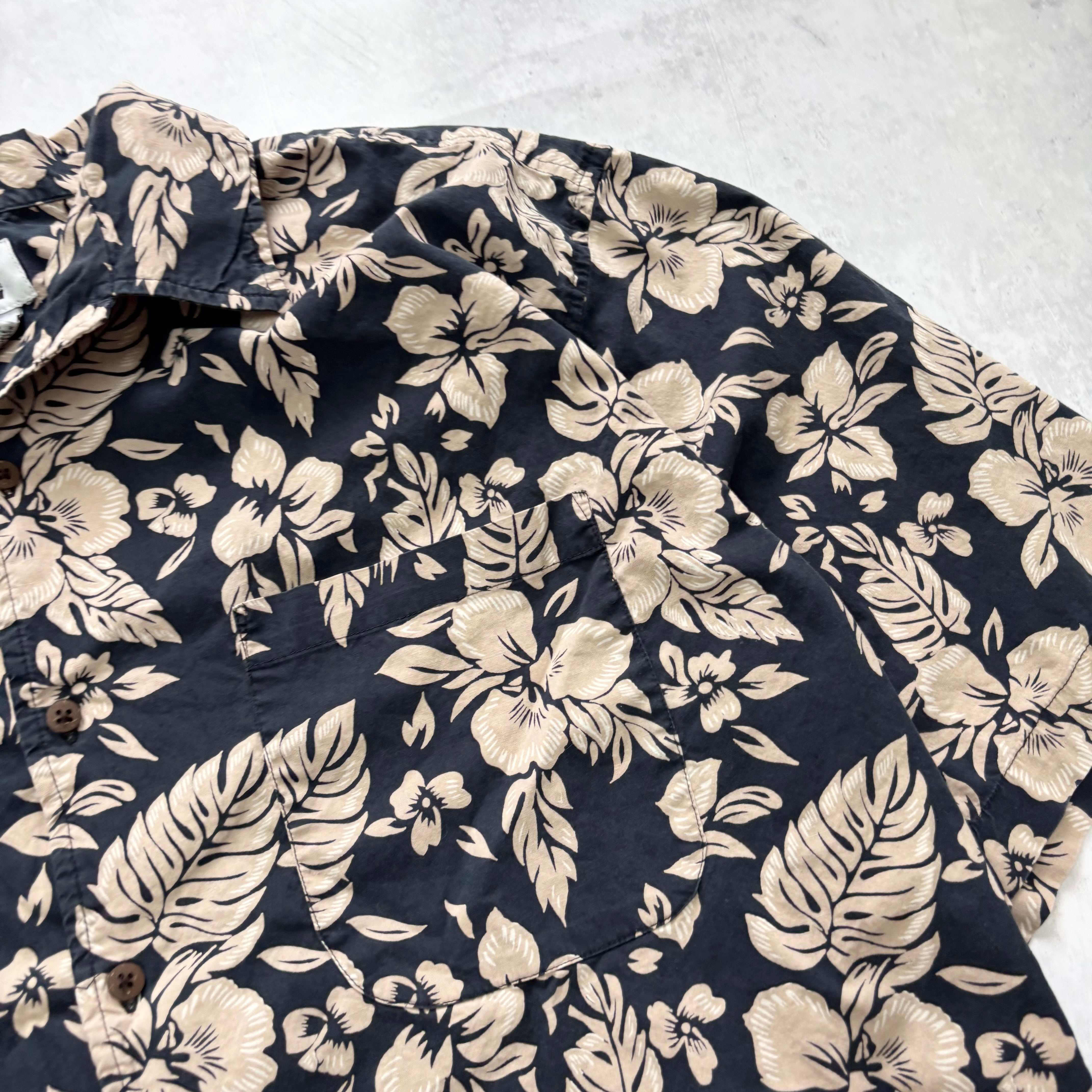 Vintage Hawaiian Shirt Mens Large Navy Floral Aloha Short Sleeve Cotton (E)