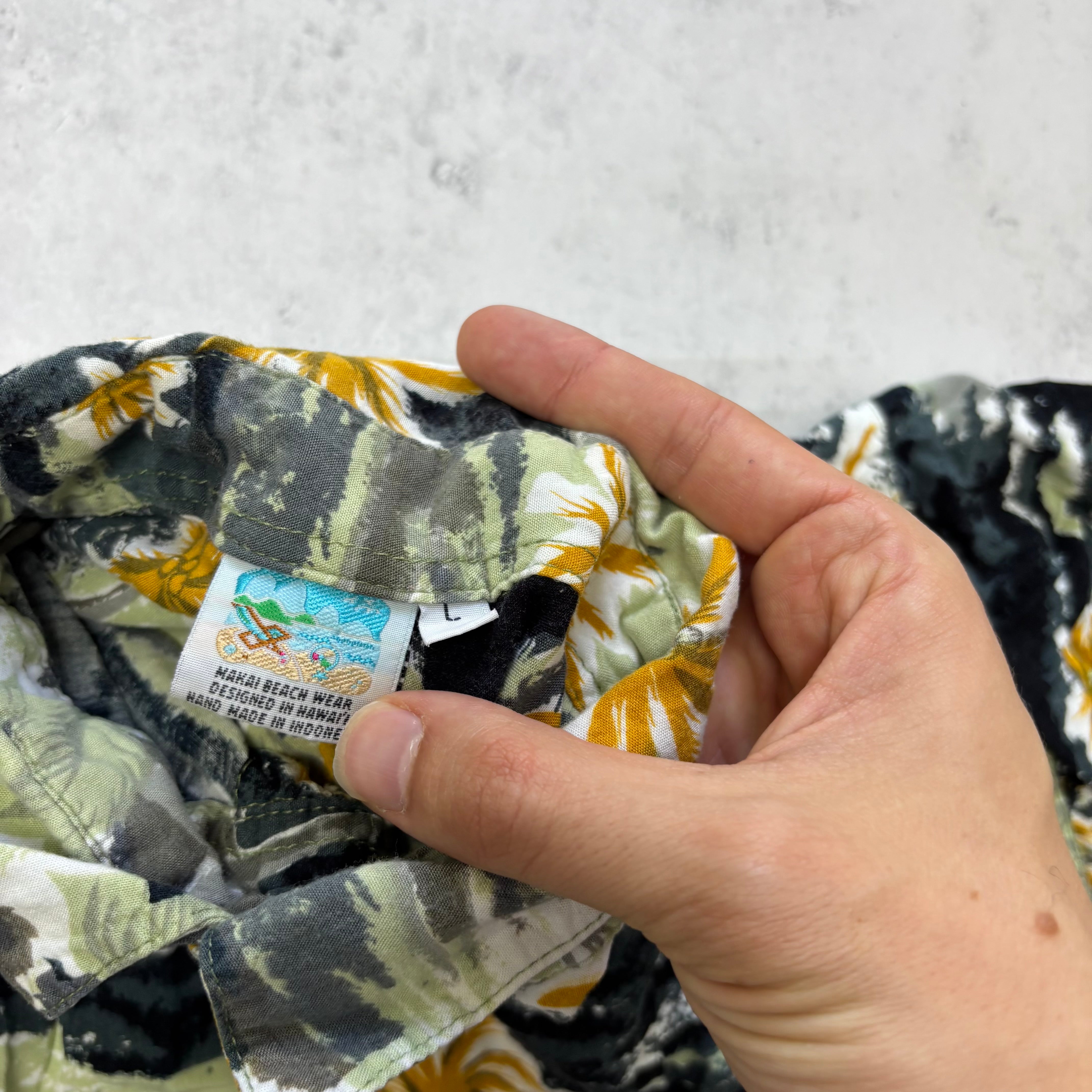 Vintage Hawaiian Shirt Mens Large Green Floral Aloha Short Sleeve Rayon (E)