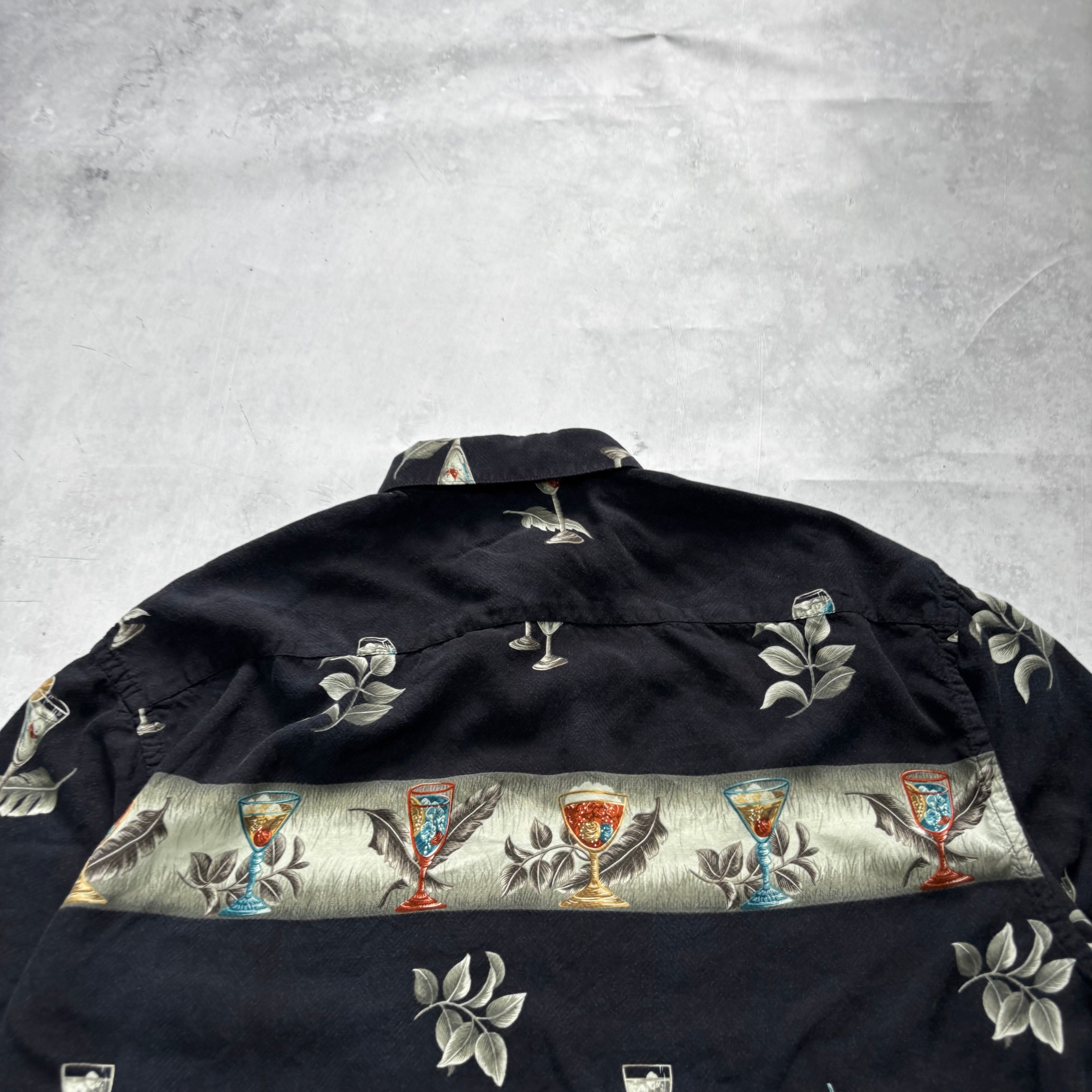 Vintage Hawaiian Shirt Mens Large Black Floral Aloha Short Sleeve Rayon