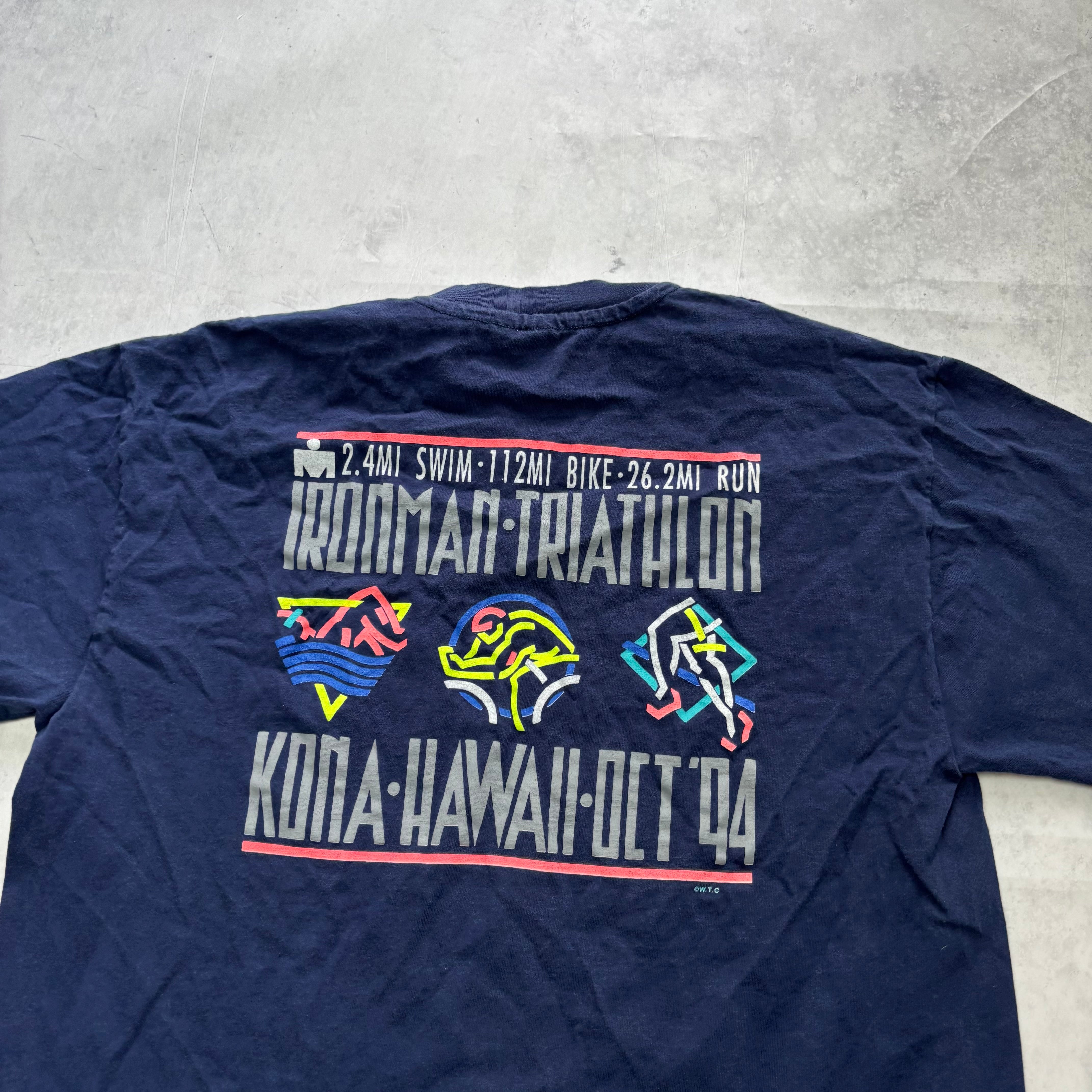 Vintage T Shirt Mens Large Navy Blue Single Stitch Graphic Print 90s Triathlon (E)