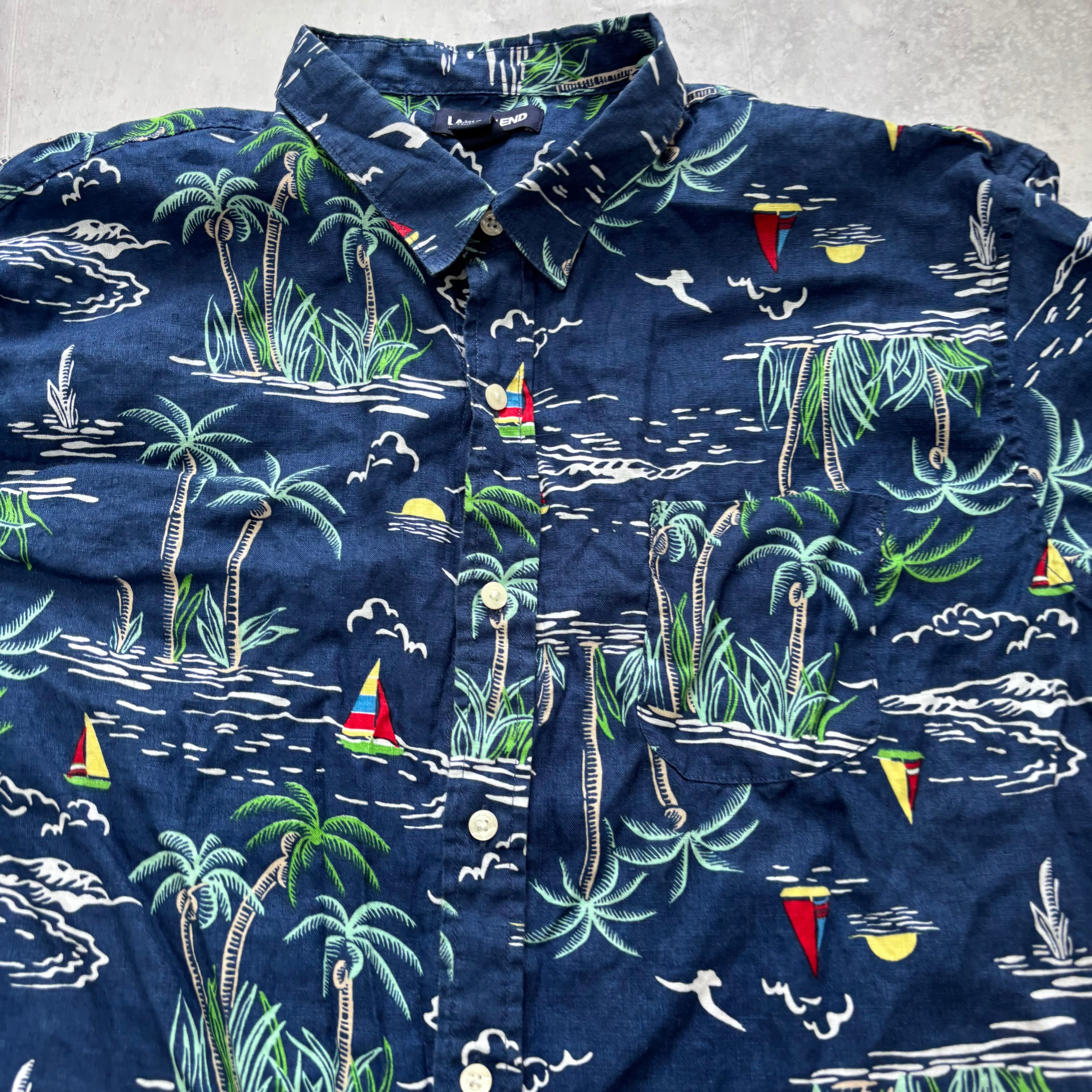 Hawaiian Shirt Mens XL Blue Floral Aloha Short Sleeve Linen (E)