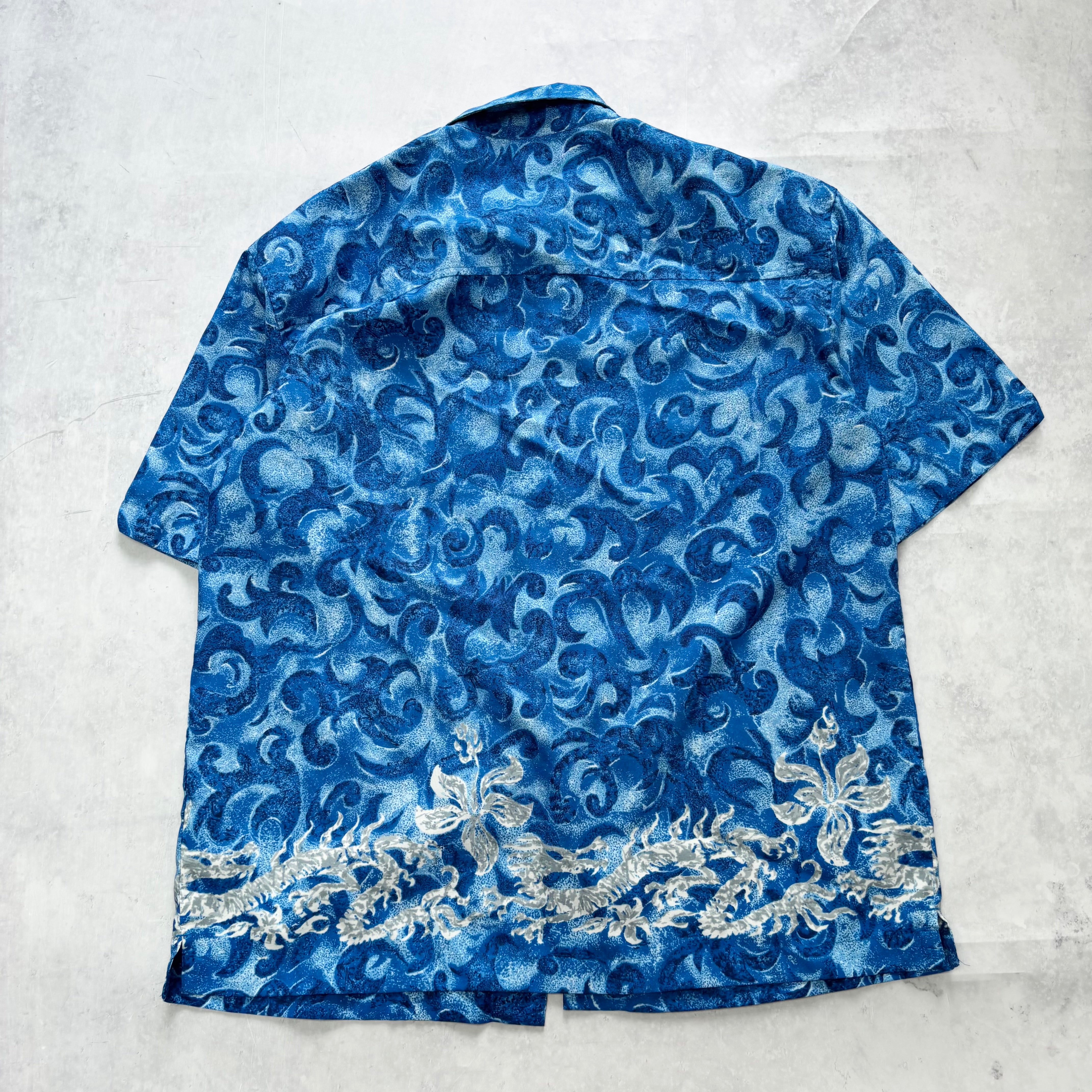 Hawaiian Shirt Mens Large Blue Floral Aloha Short Sleeve Polyester (E)