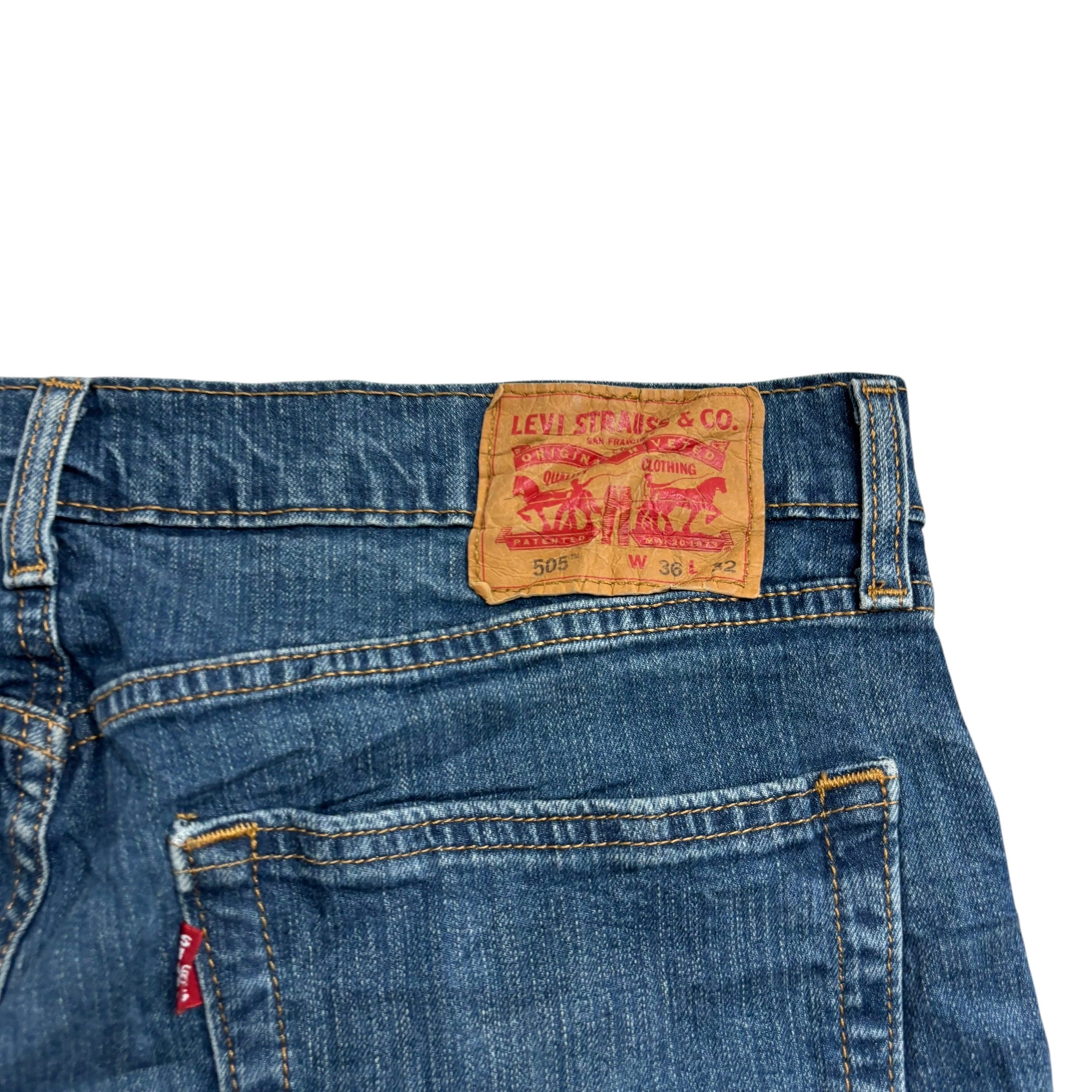 Levis 505 Jeans W36 L32 Mens Dark Blue Regular Straight Fit Stretch Denim (E)