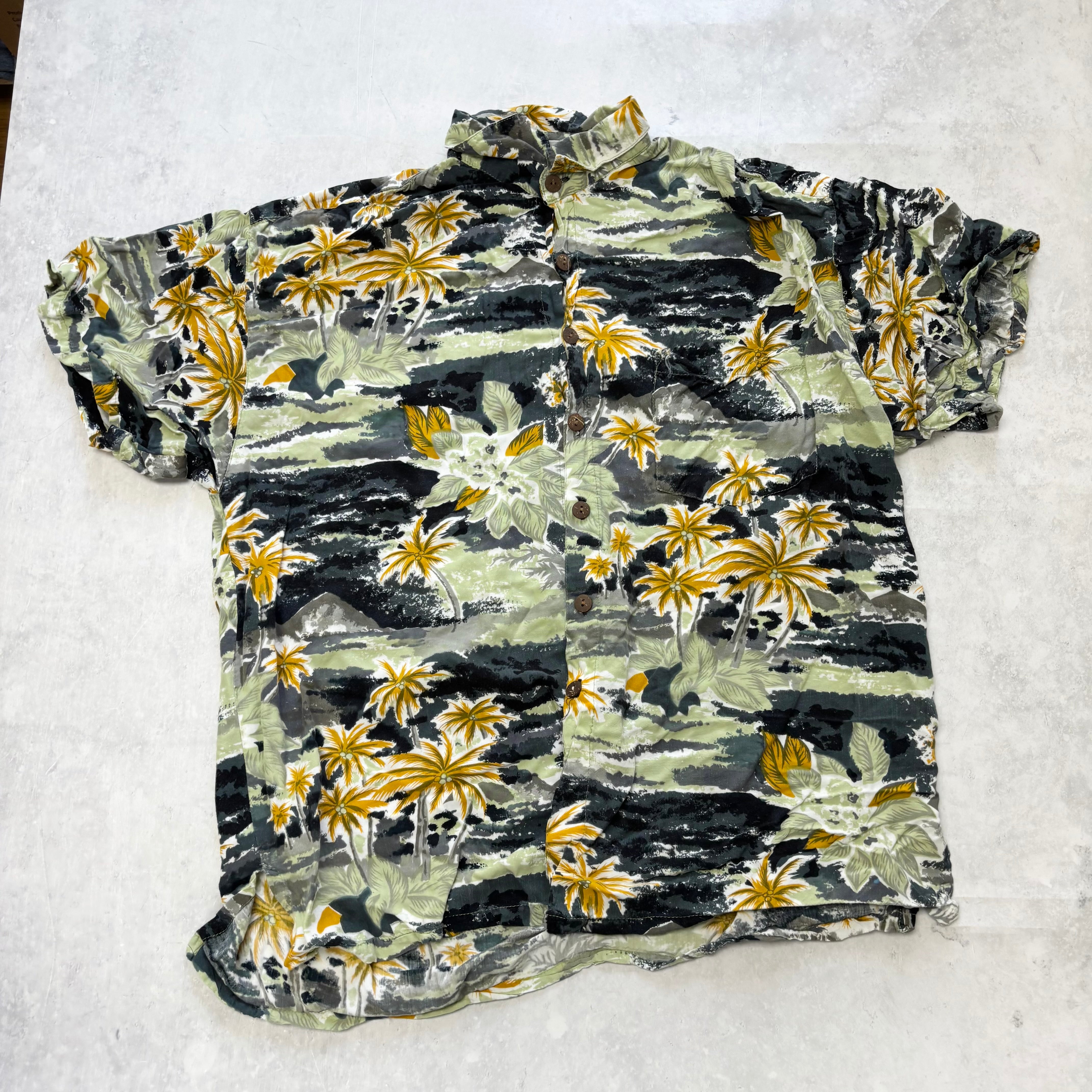 Vintage Hawaiian Shirt Mens Large Green Floral Aloha Short Sleeve Rayon (E)