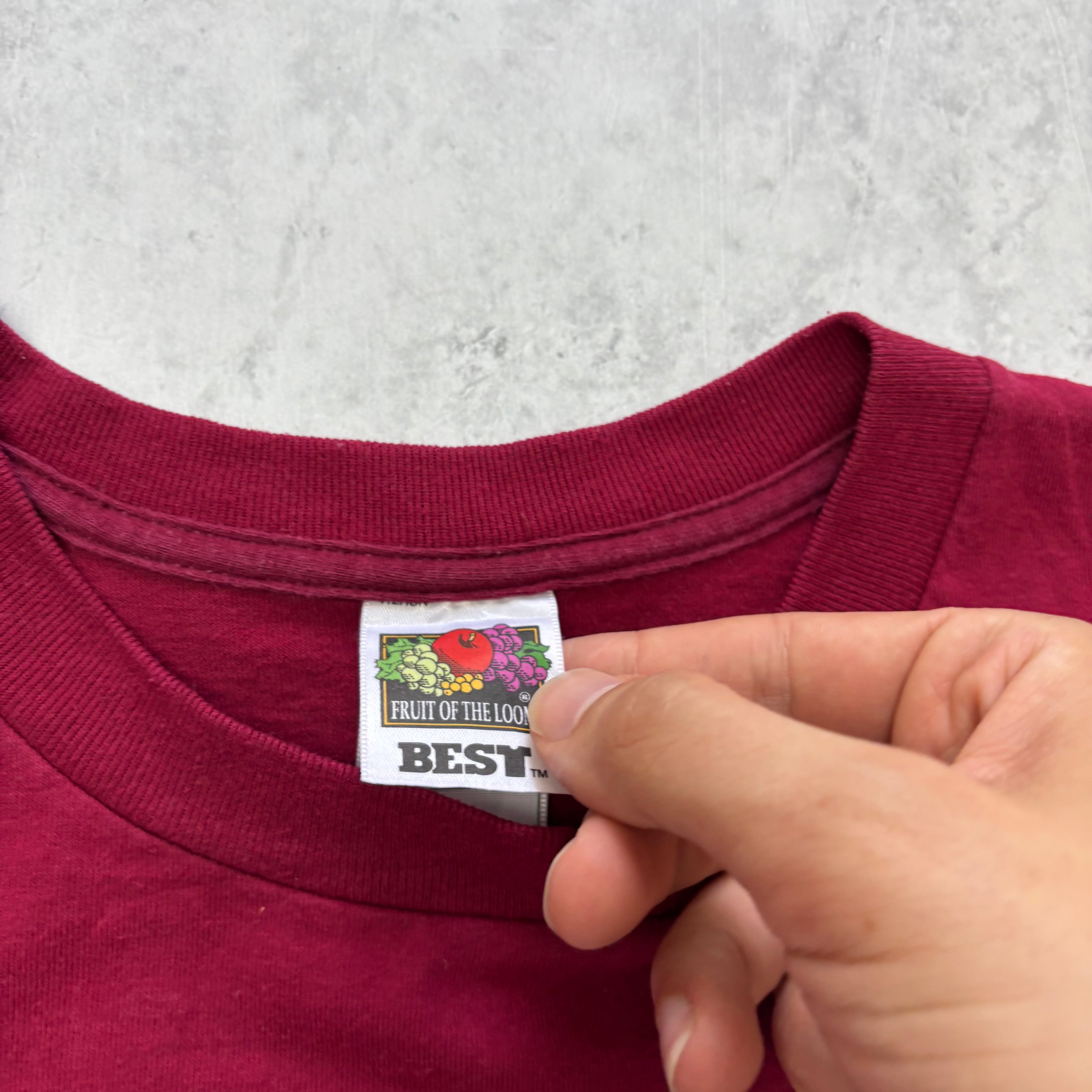 Vintage T Shirt Mens S/M Burgundy Graphic Print 90s College (E)