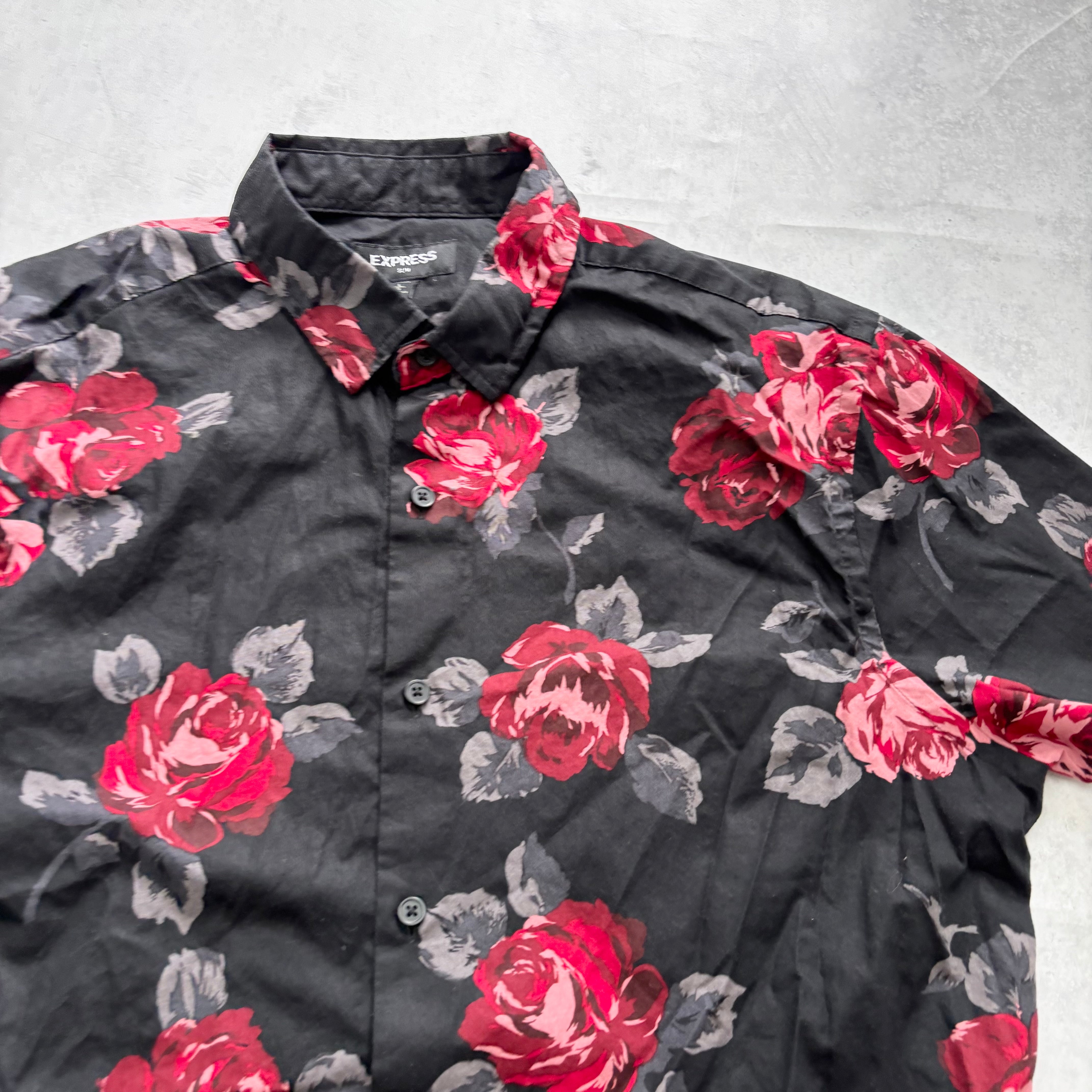 Hawaiian Shirt Mens Large Black Floral Aloha Short Sleeve Cotton Slim Fit (E)