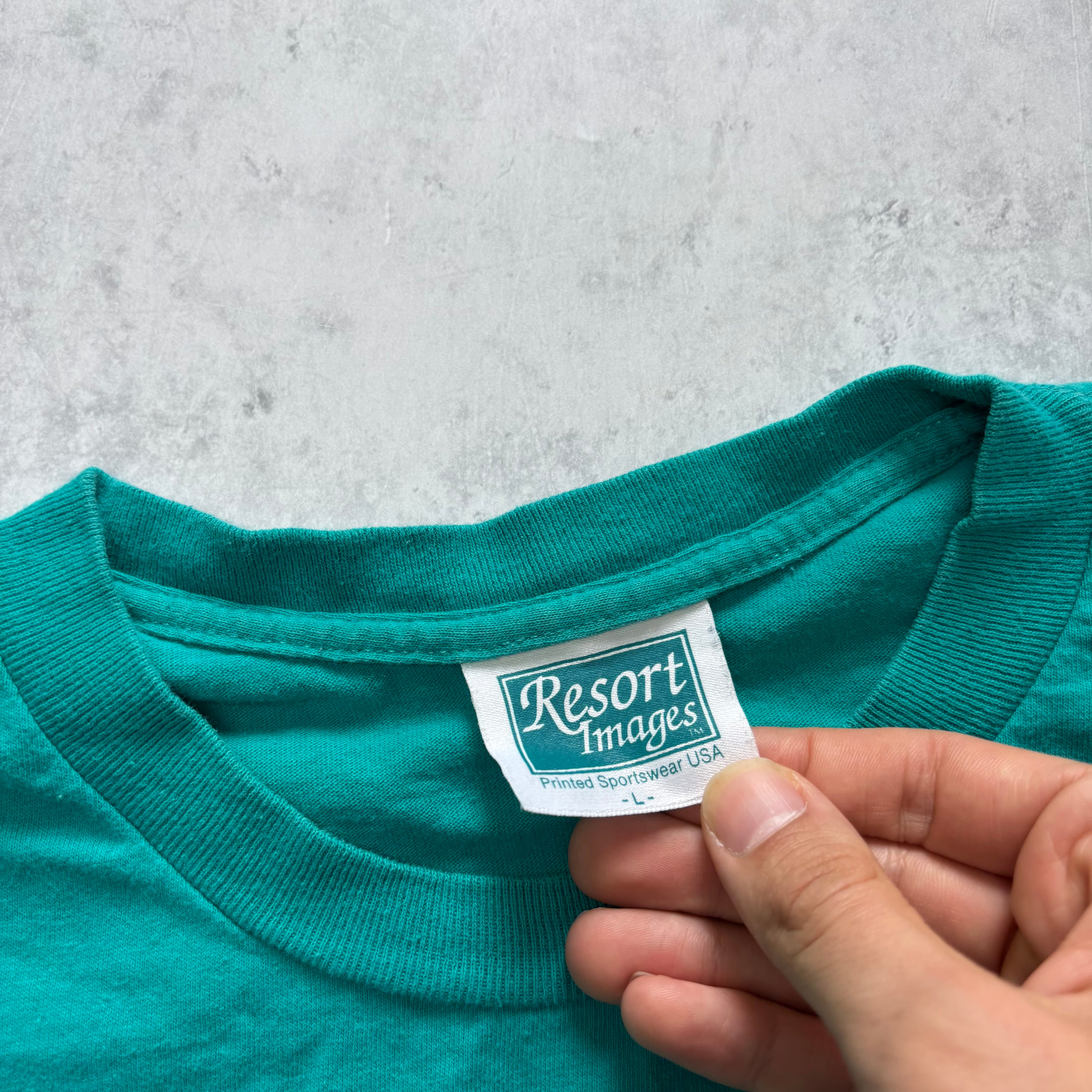 Vintage T Shirt Mens Large Teal Green Single Stitch Graphic Print 90s USA (E)