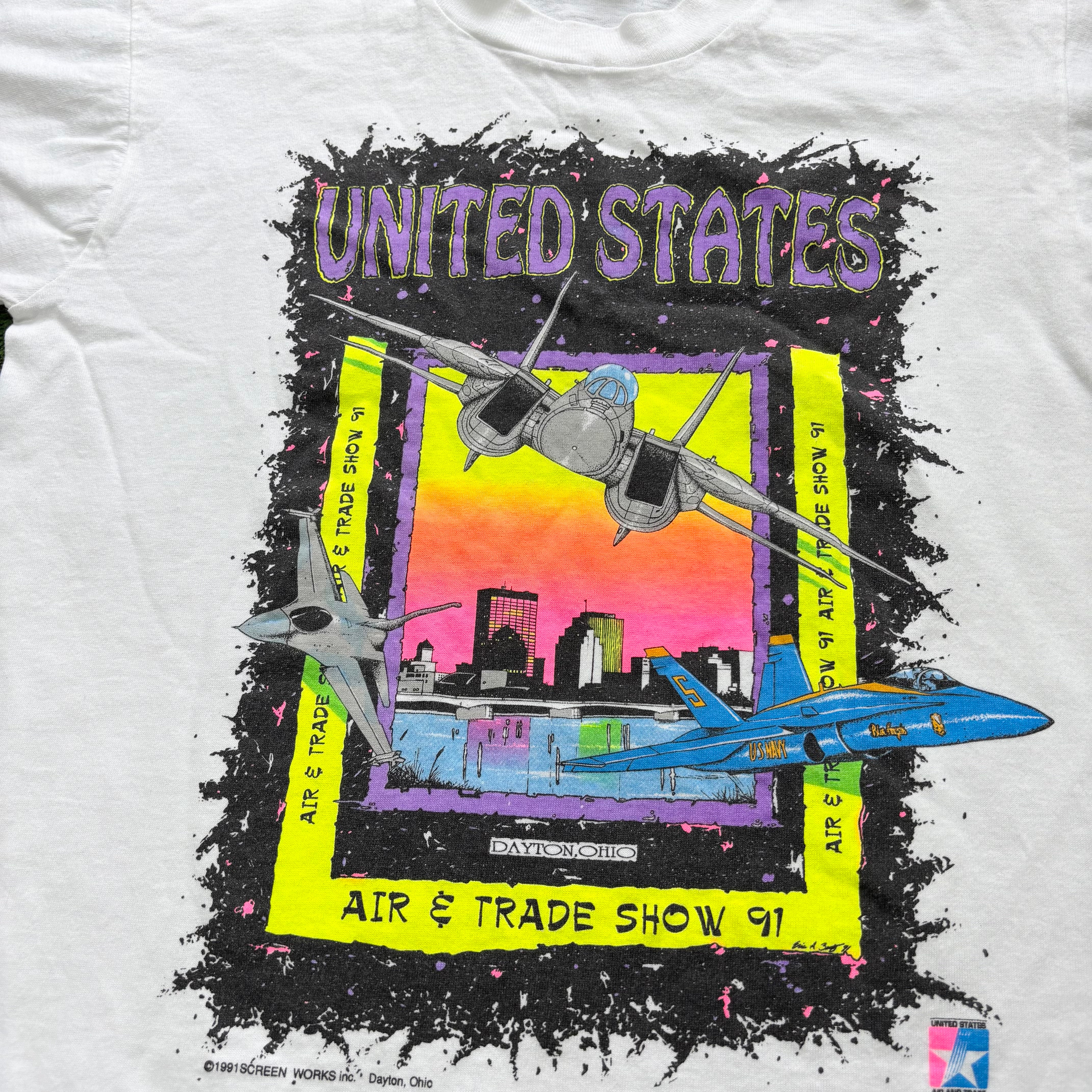 Vintage T Shirt Mens XS White Single Stitch Graphic Print 90s Airplanes