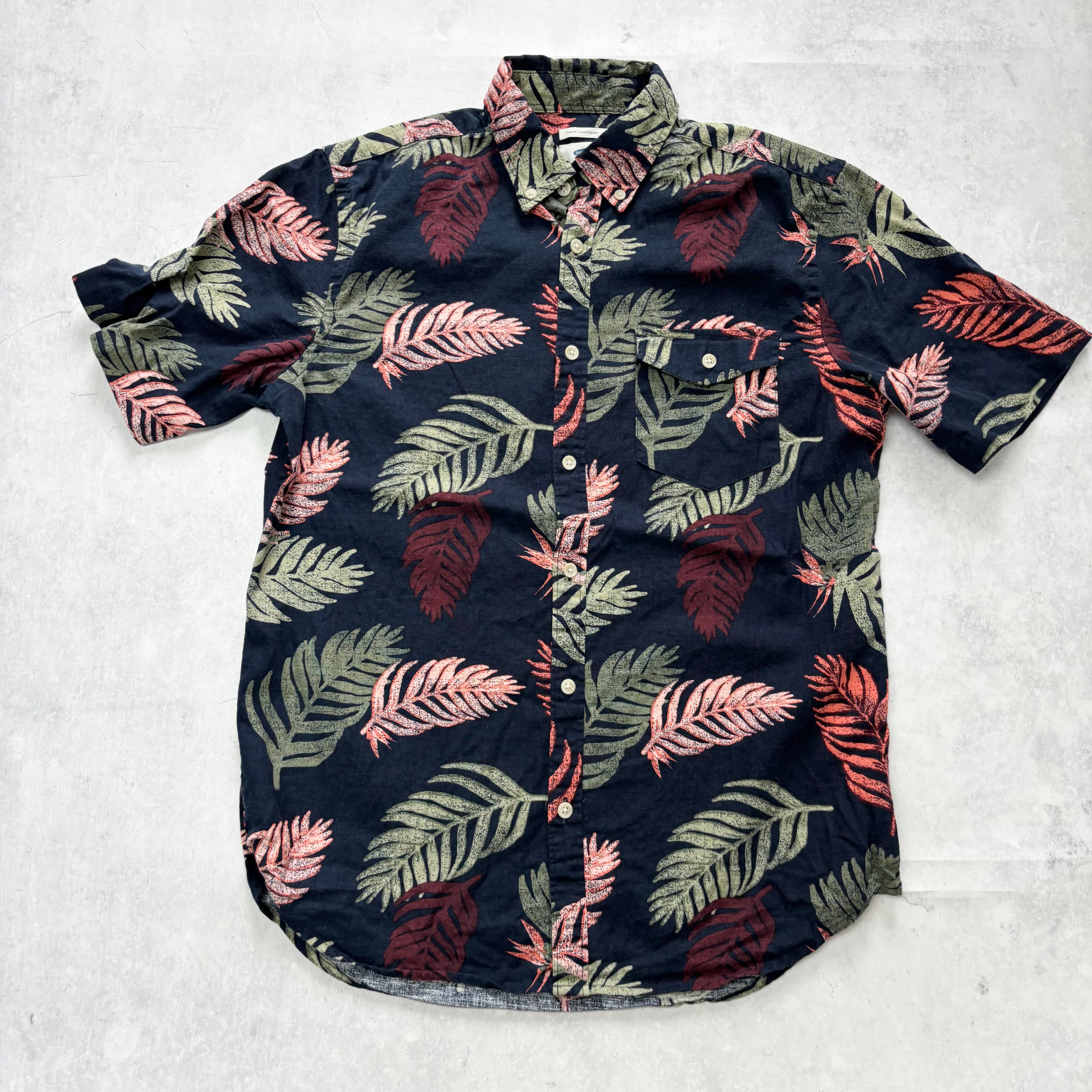 Old Navy Hawaiian Shirt Mens Small Navy Slim Fit Short Sleeve Linen (E)