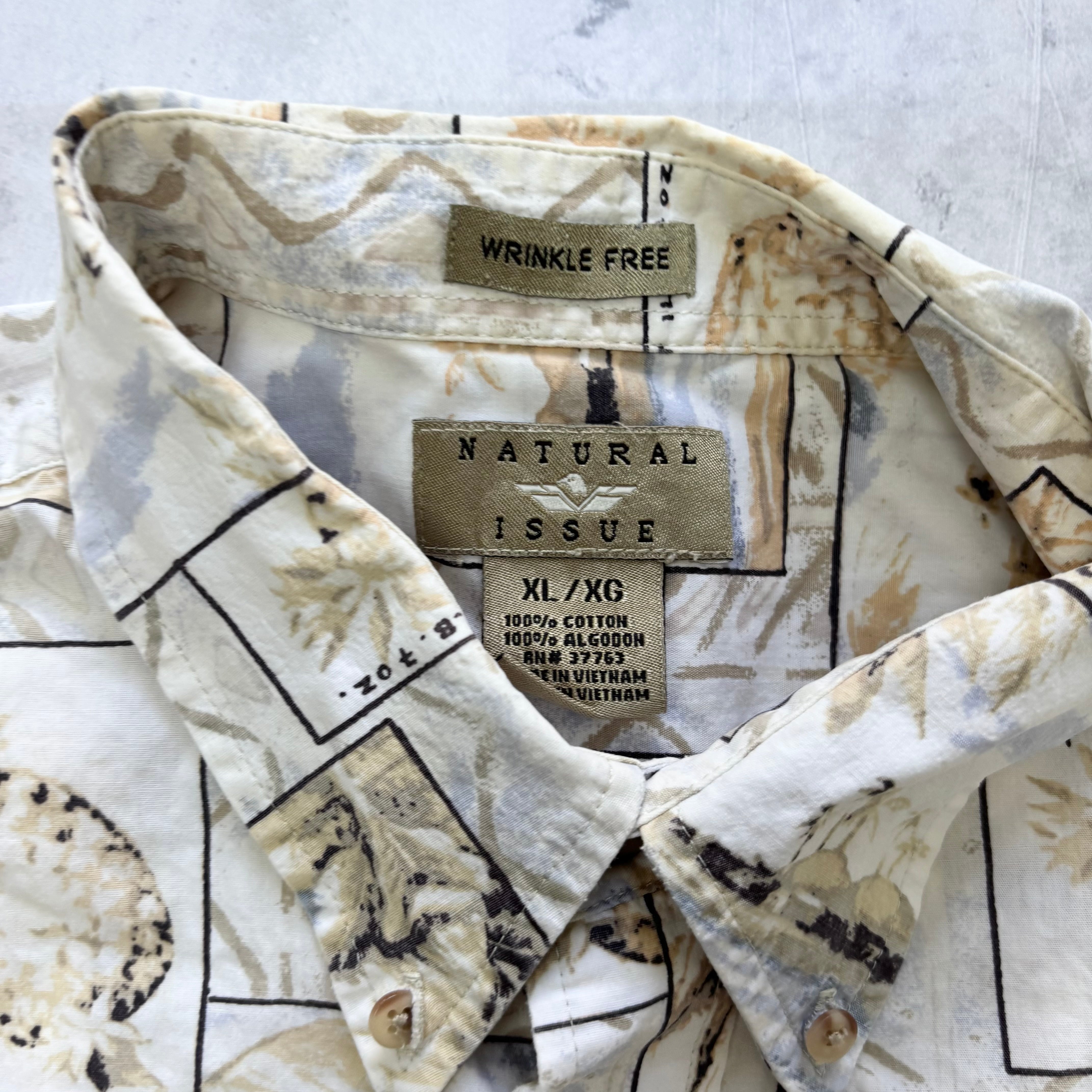 Hawaiian Shirt Mens XL Beige Floral Aloha Short Sleeve Cotton (E)