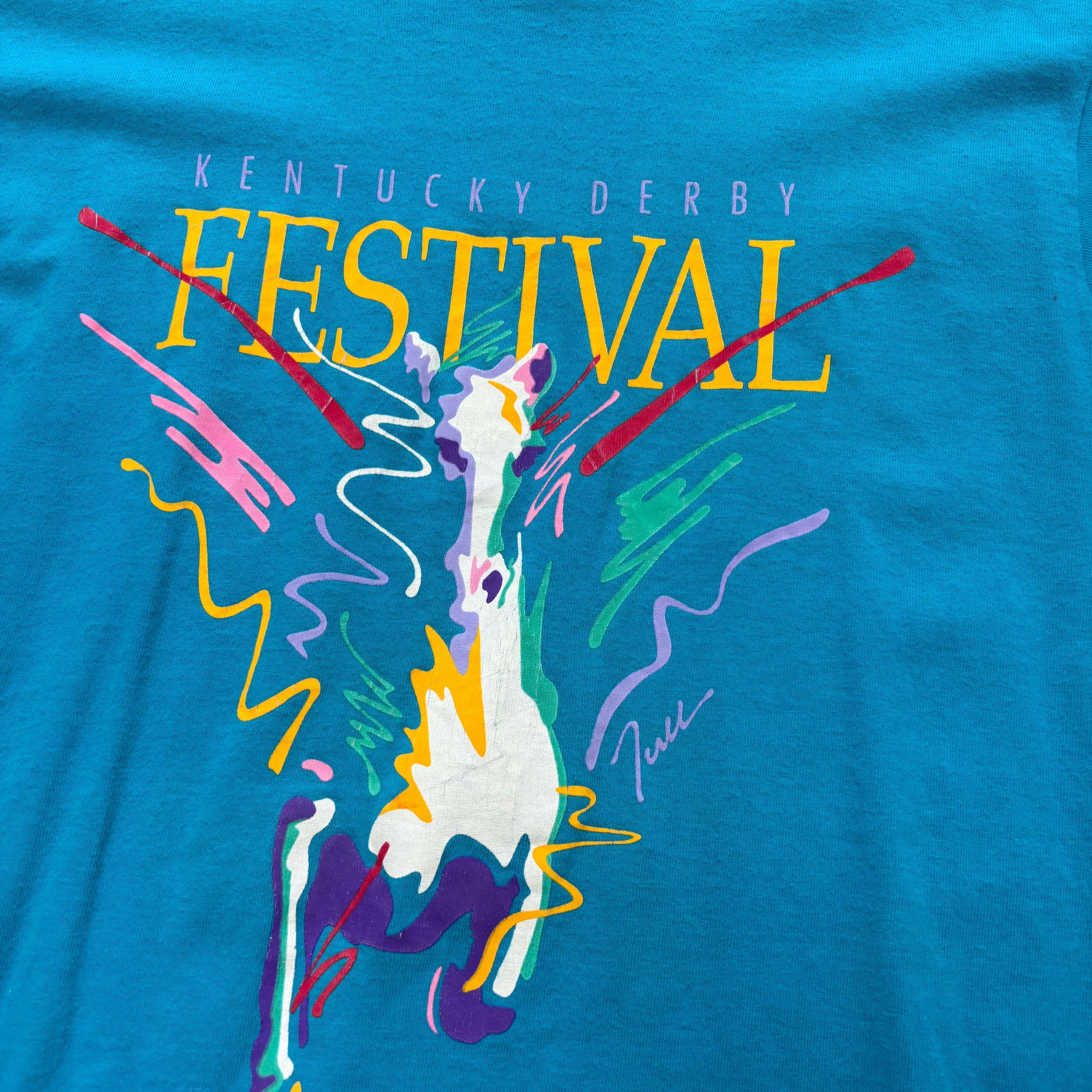 Vintage T Shirt Mens Medium Blue Single Stitch Graphic Print 90s Horses (E)