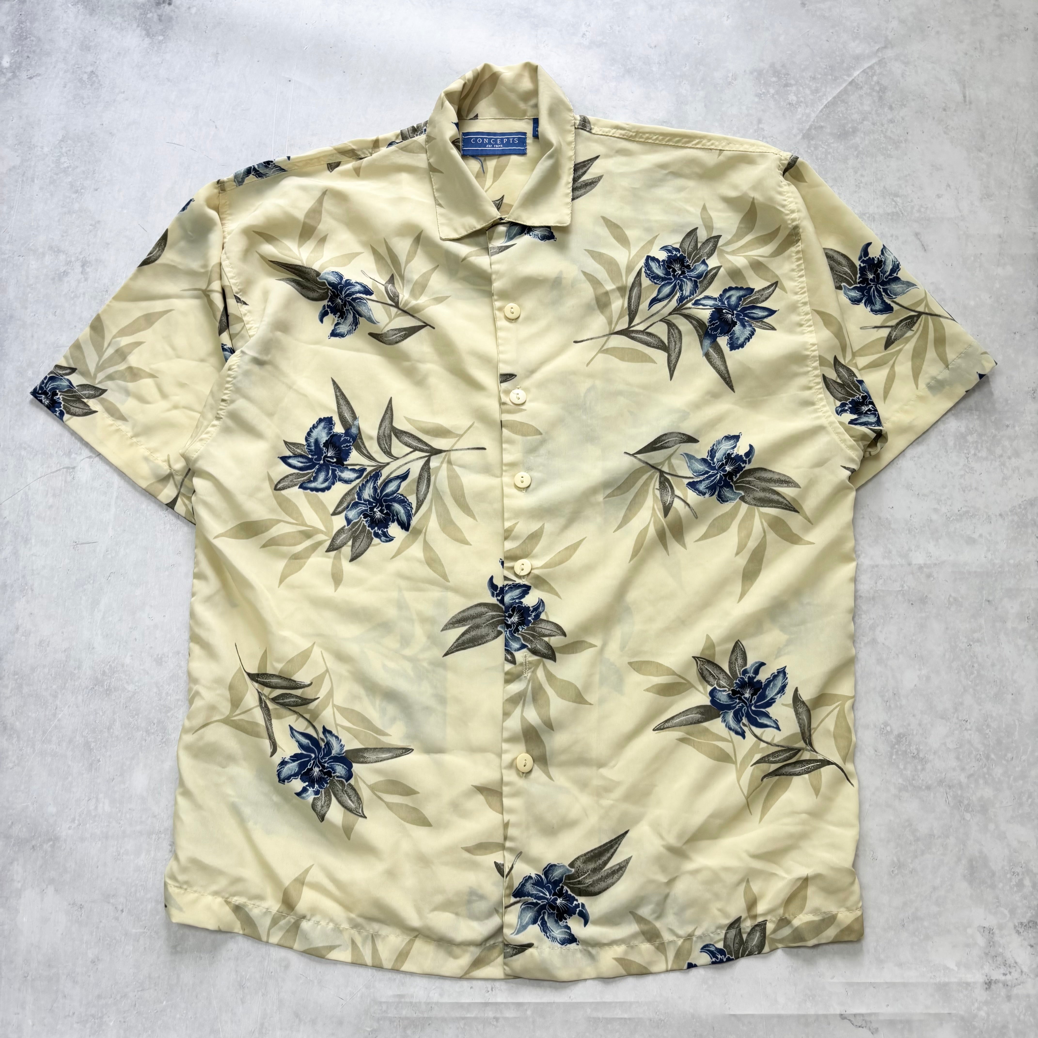 Hawaiian Shirt Mens Large Yellow Floral Aloha Short Sleeve Polyester