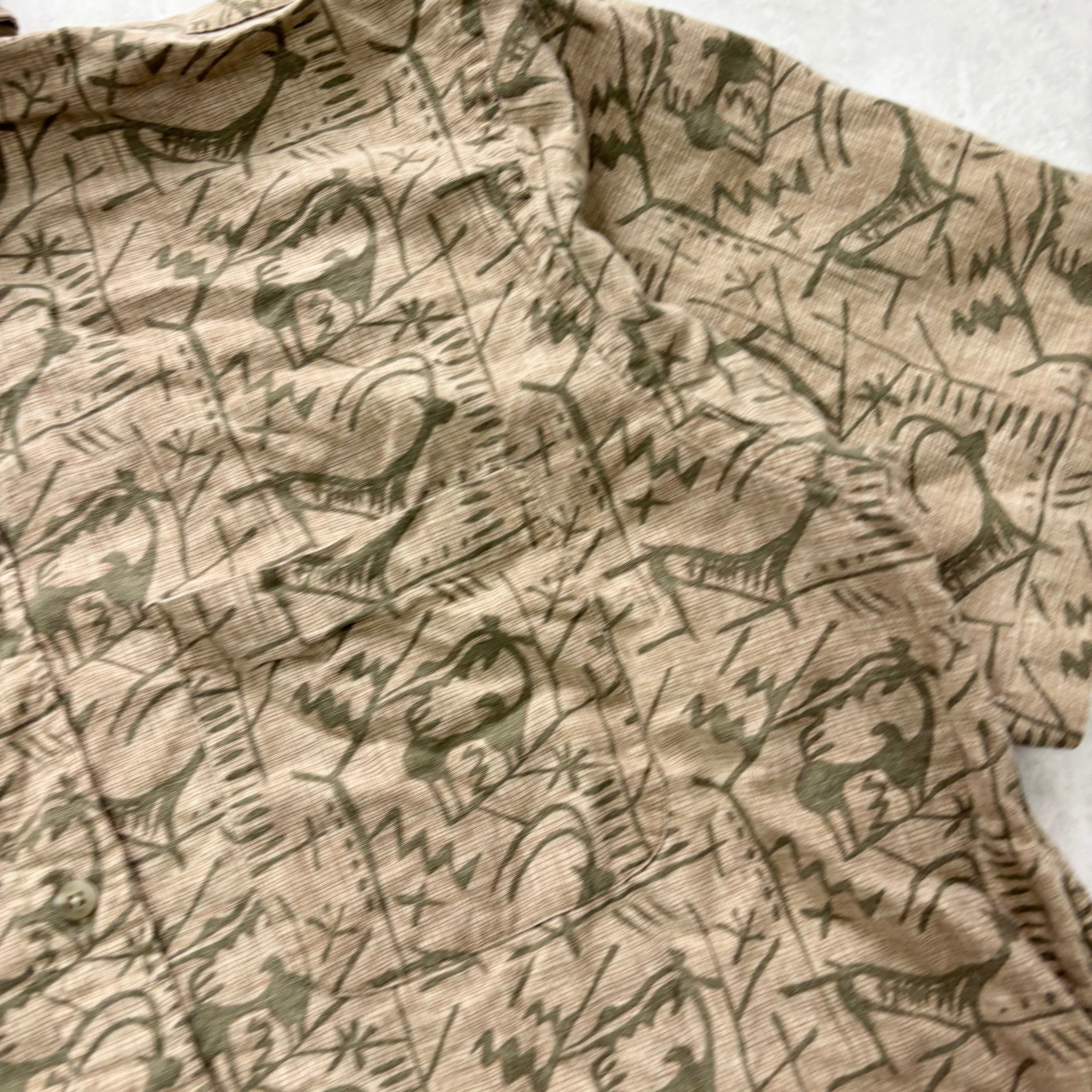 Vintage Shirt Mens Large Brown Outdoors Patterned Short Sleeve Linen (E)