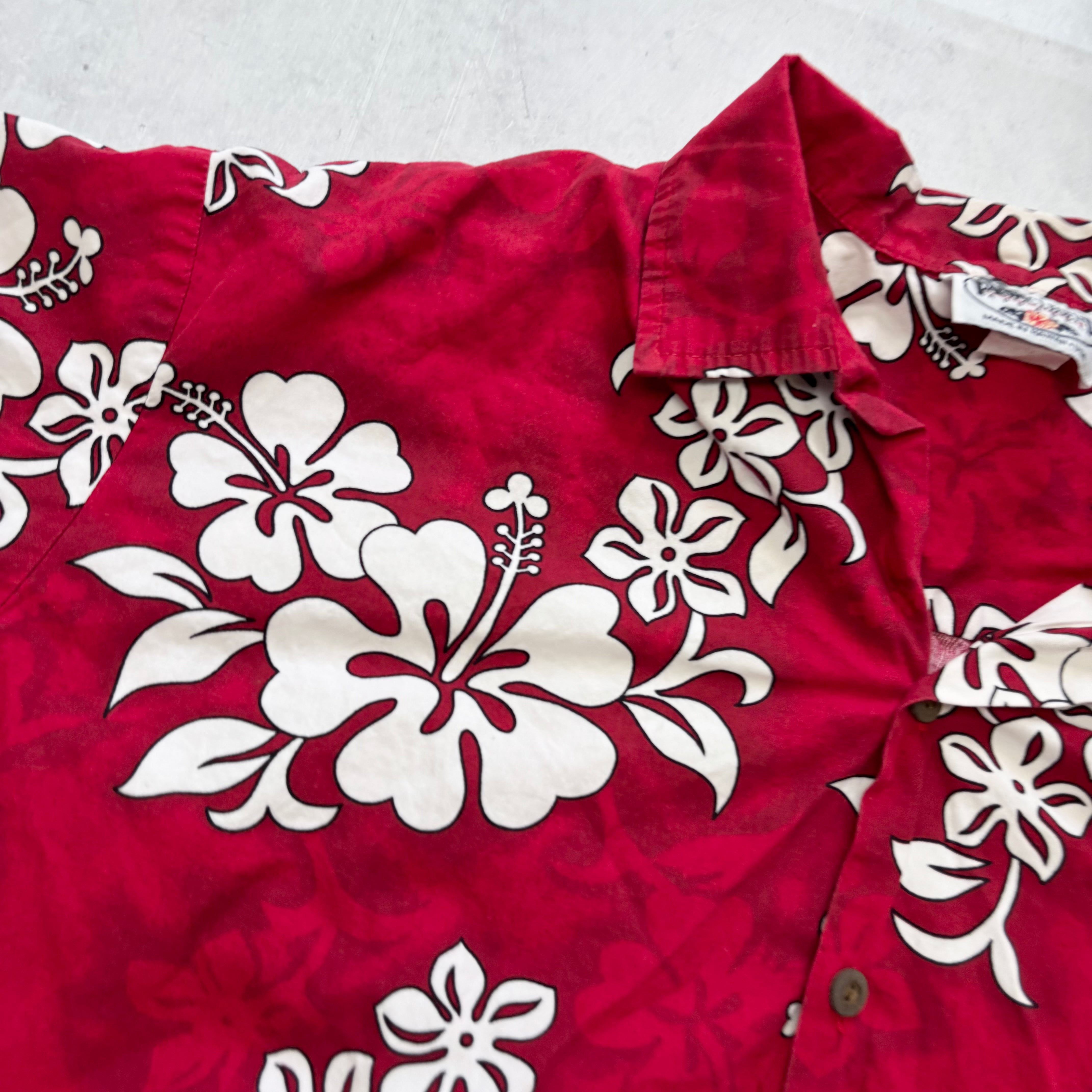 Vintage Hawaiian Shirt Mens Large Red Floral Aloha Short Sleeve Cotton