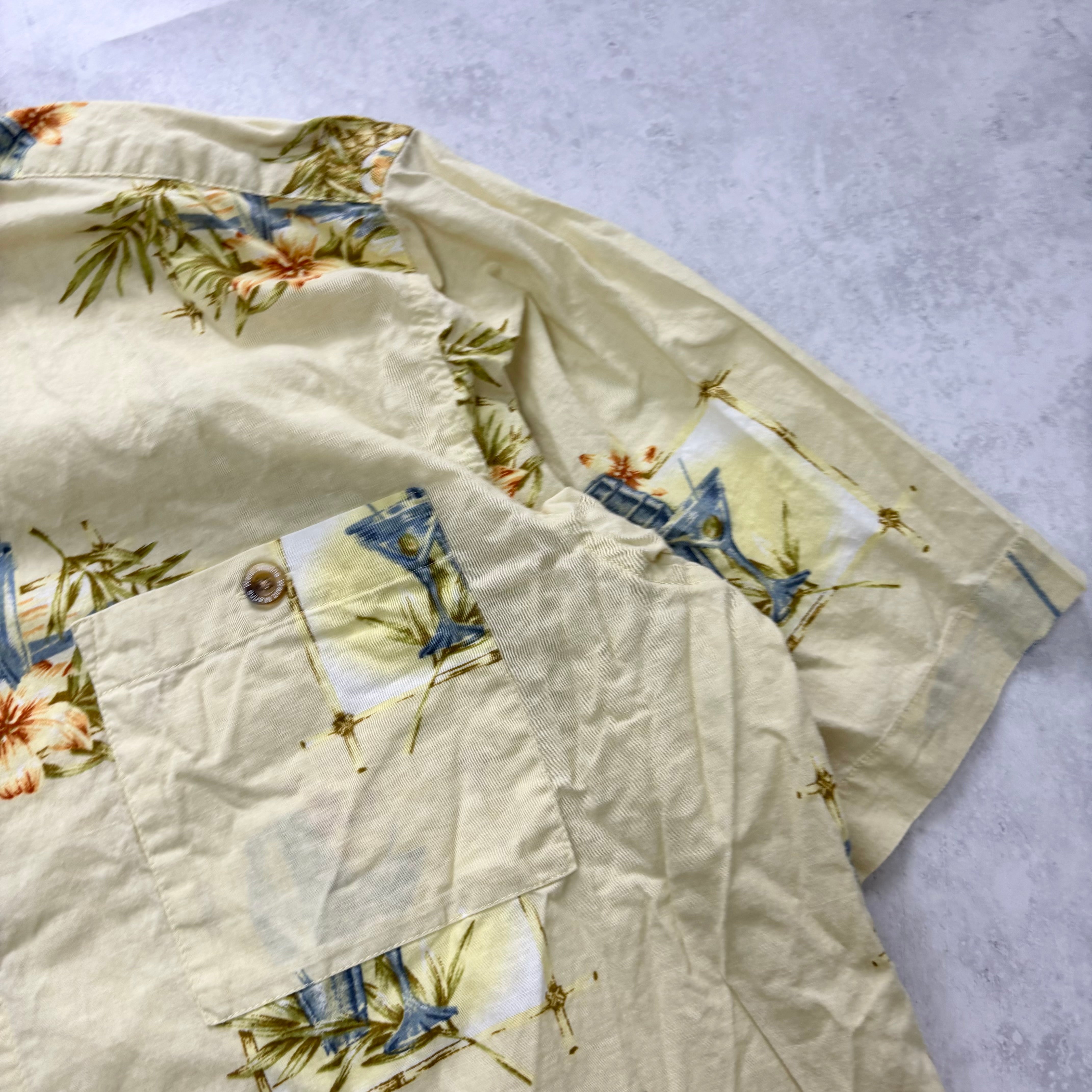 Vintage Hawaiian Shirt Mens Large Yellow Floral Aloha Short Sleeve Cotton (E)