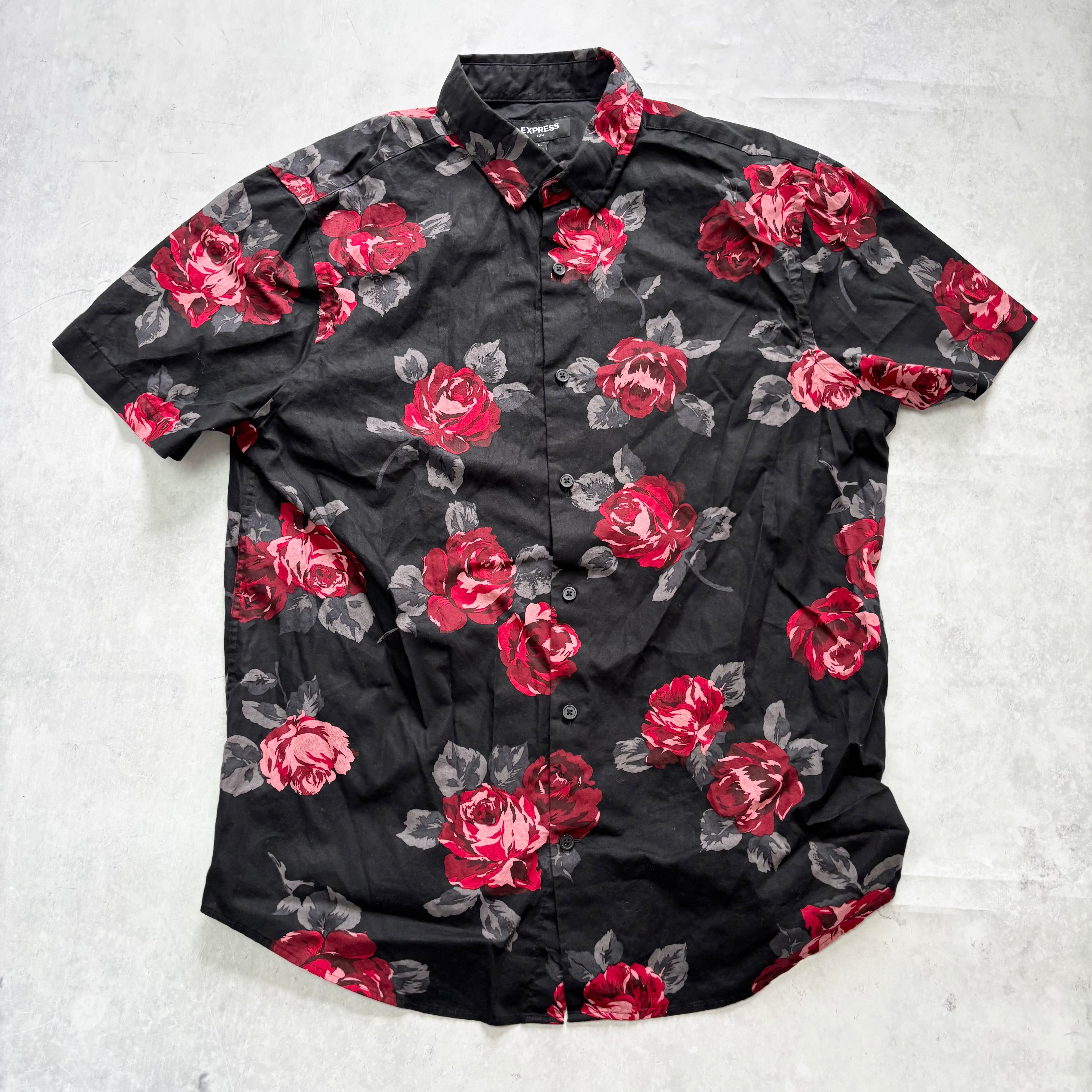 Hawaiian Shirt Mens Large Black Floral Aloha Short Sleeve Cotton Slim Fit (E)