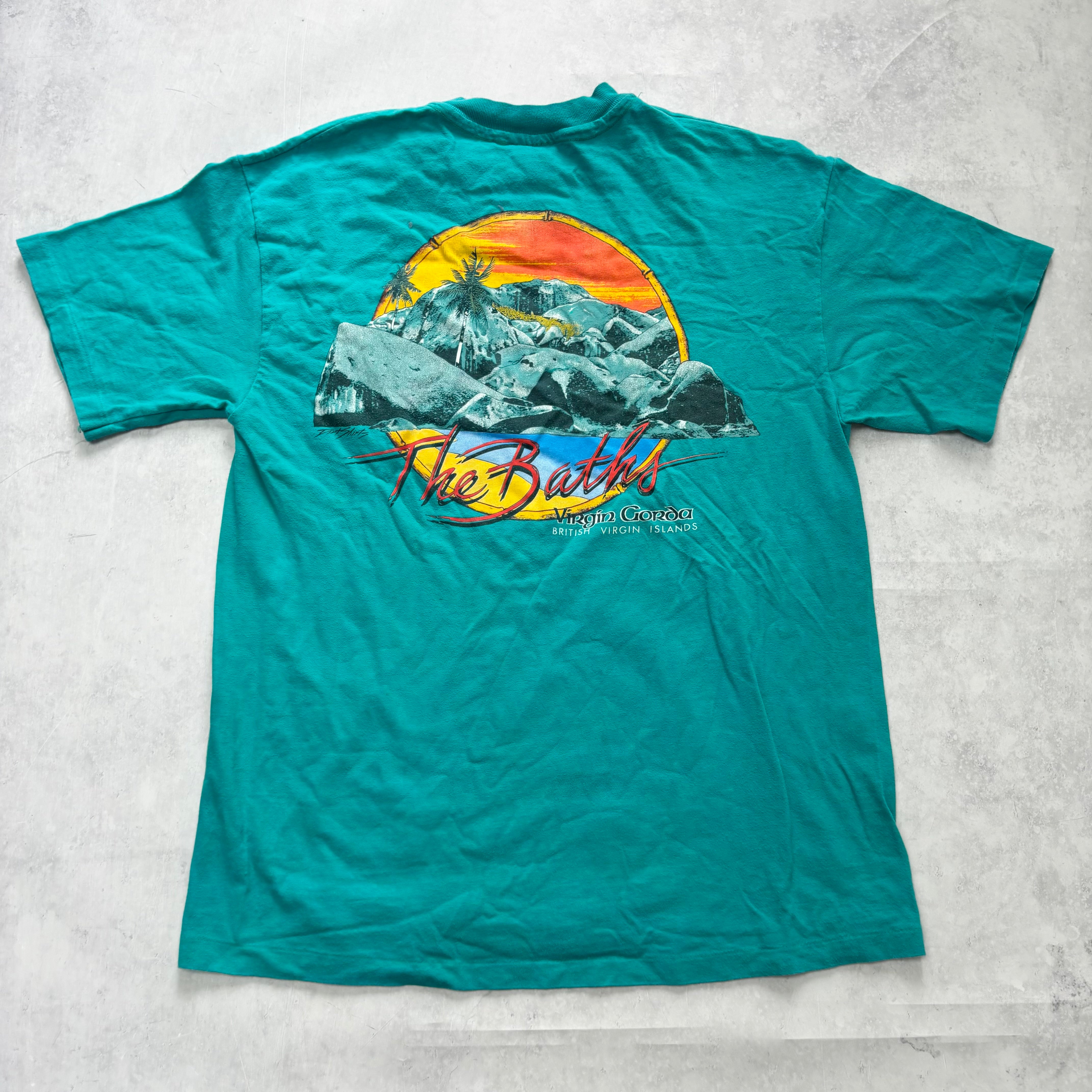 Vintage T Shirt Mens Medium Teal Green Single Stitch Graphic Print 90s