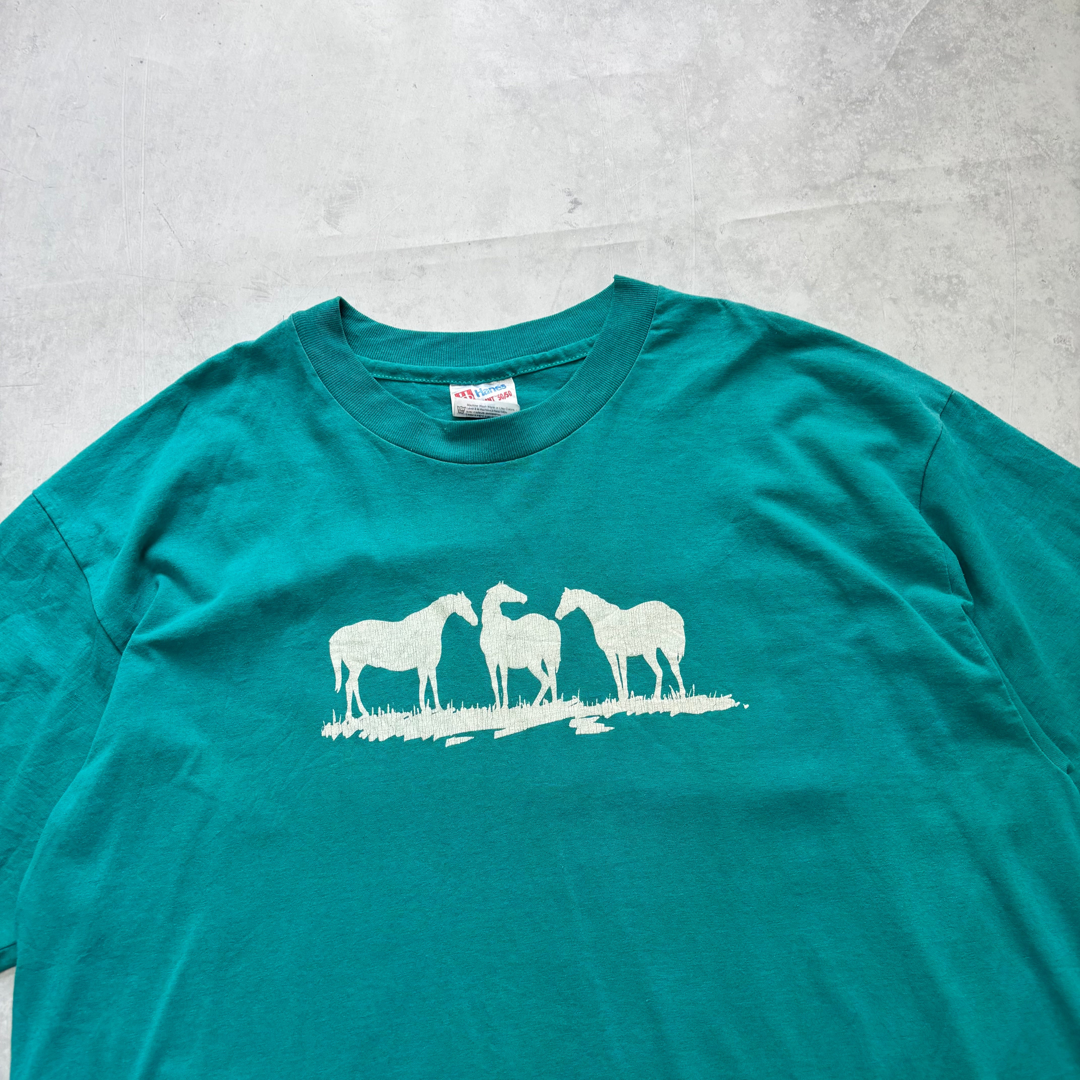 Vintage T Shirt Mens XL Turquoise Blue Single Stitch Graphic Print 90s Horse (E)