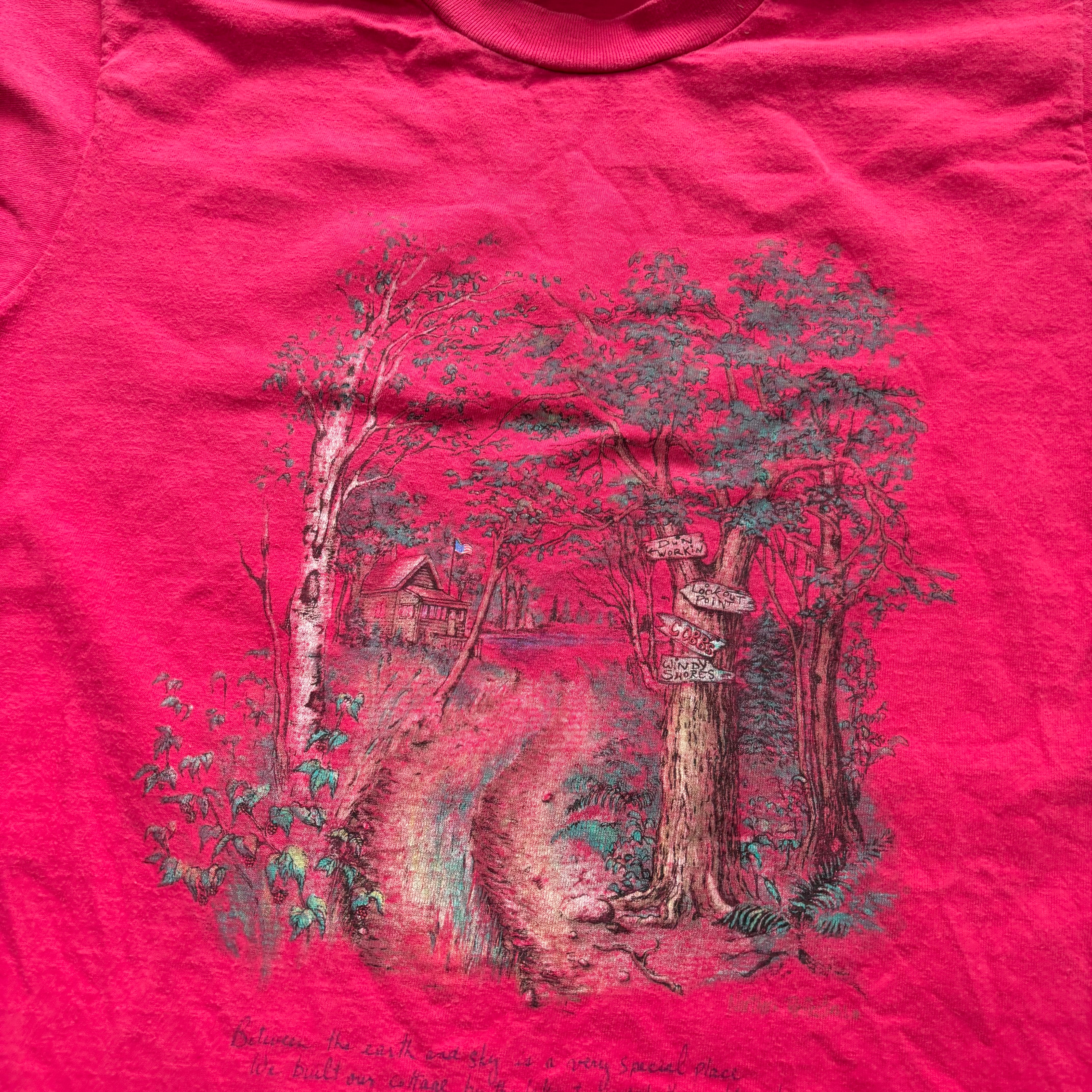 Vintage T Shirt Mens Small Pink Single Stitch Graphic Print 90s Cute Cottage (E)