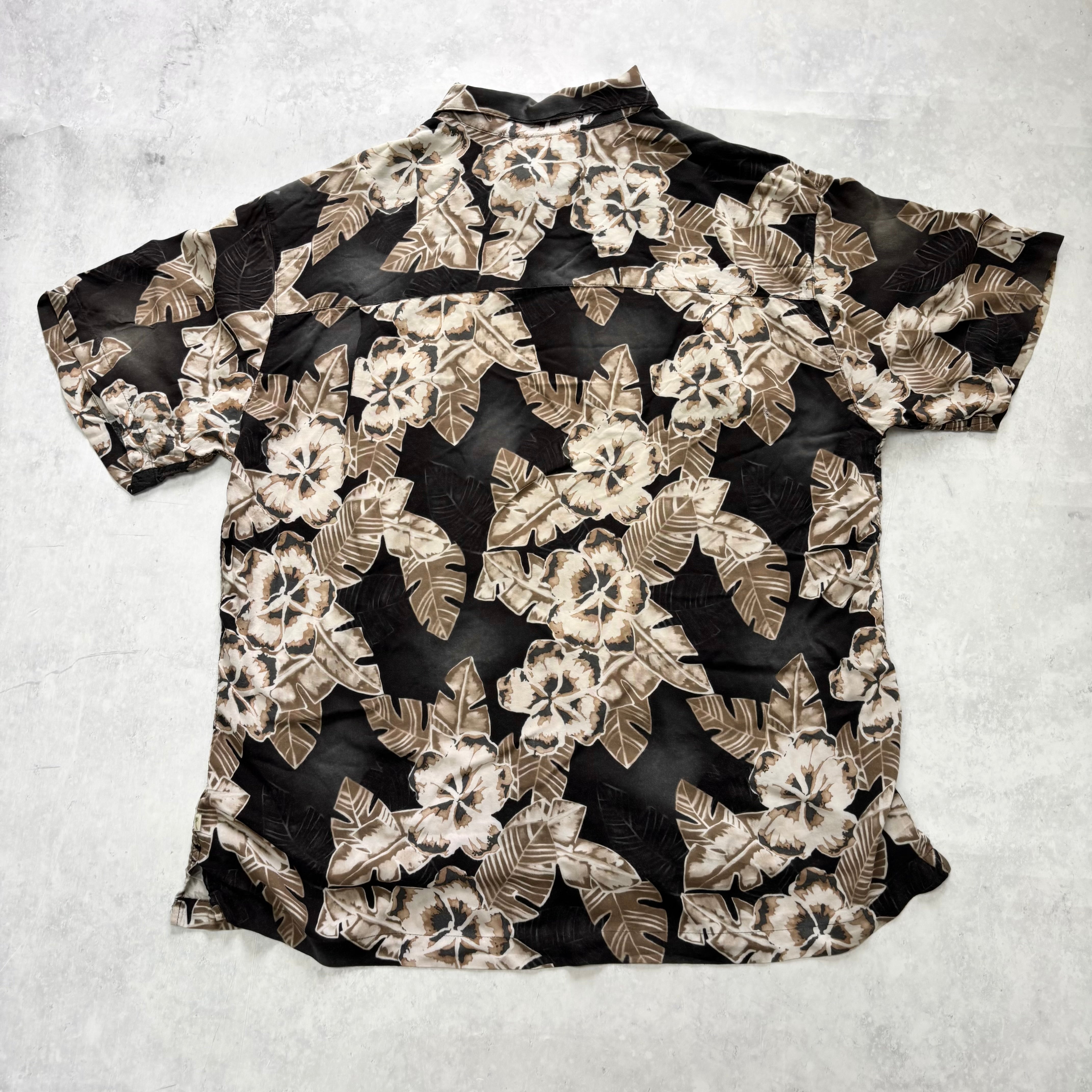 Vintage Hawaiian Shirt Mens Large Black Floral Aloha Short Sleeve Rayon (E)