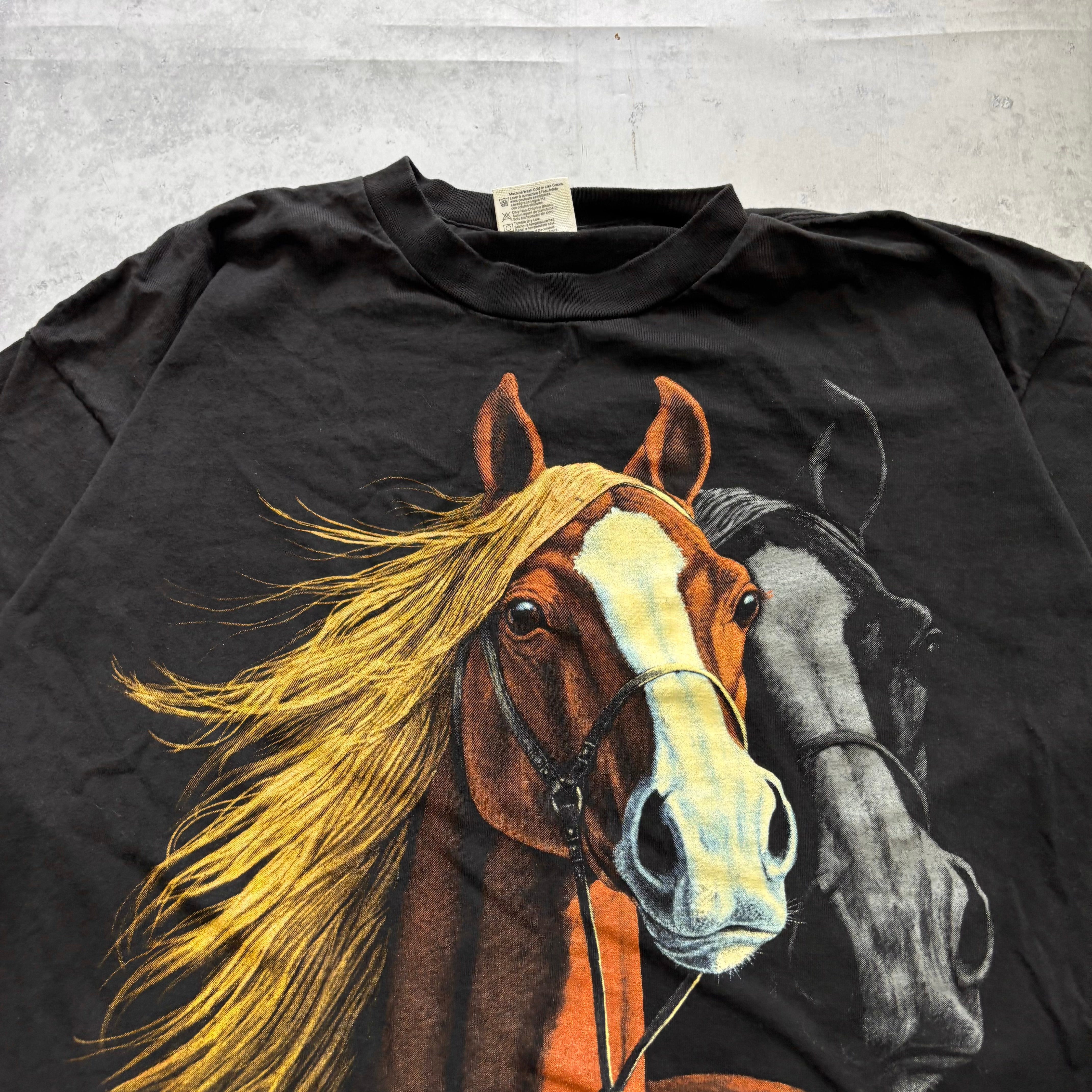 Vintage T Shirt Mens XL Black Single Stitch Graphic Print 90s USA Horses (E)