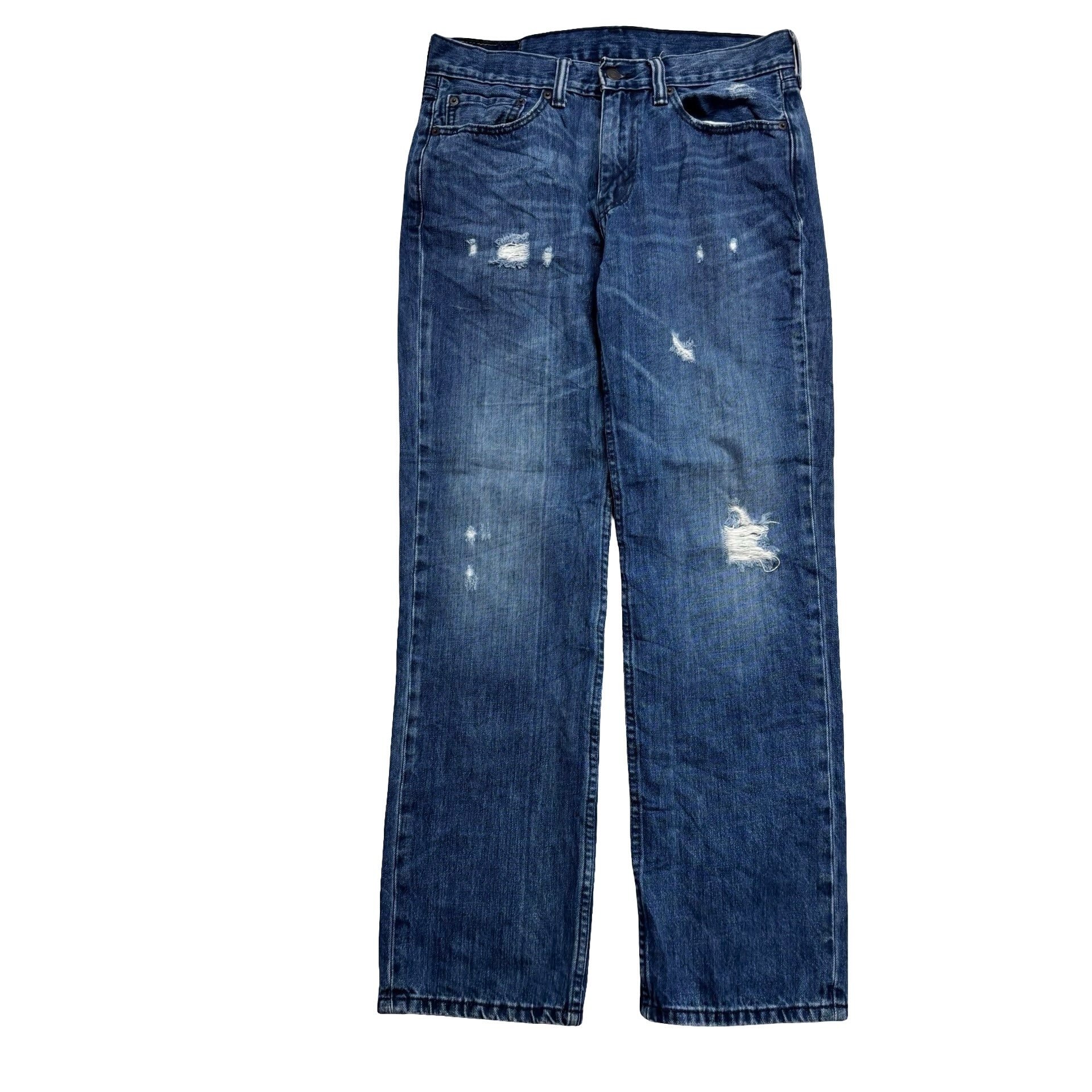 Levis 514 Jeans W32 L32 Mens Distressed Navy Blue Regular Straight Fit Denim (E)
