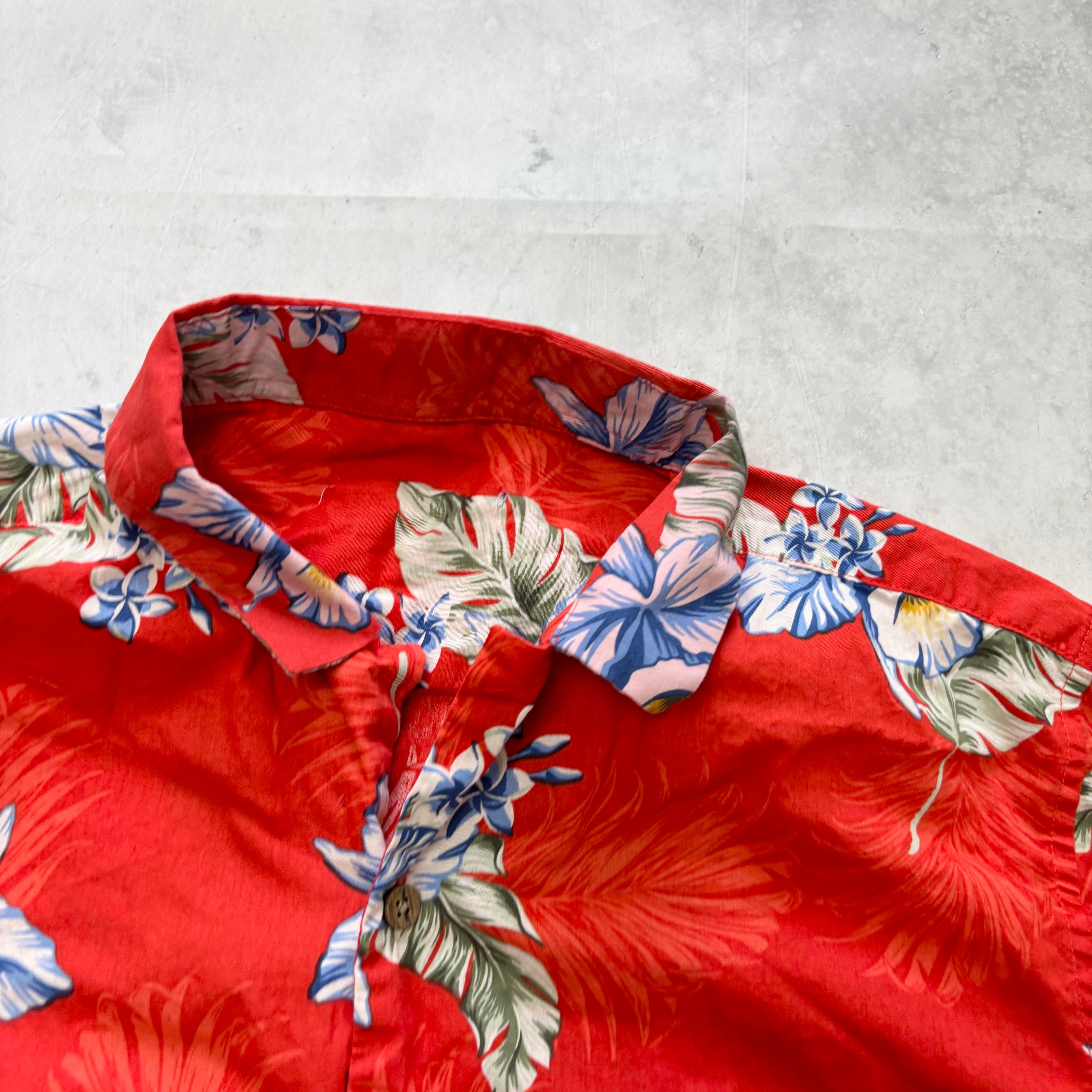 Hawaiian Shirt Mens Large Red Floral Aloha Short Sleeve Cotton Funky (E)