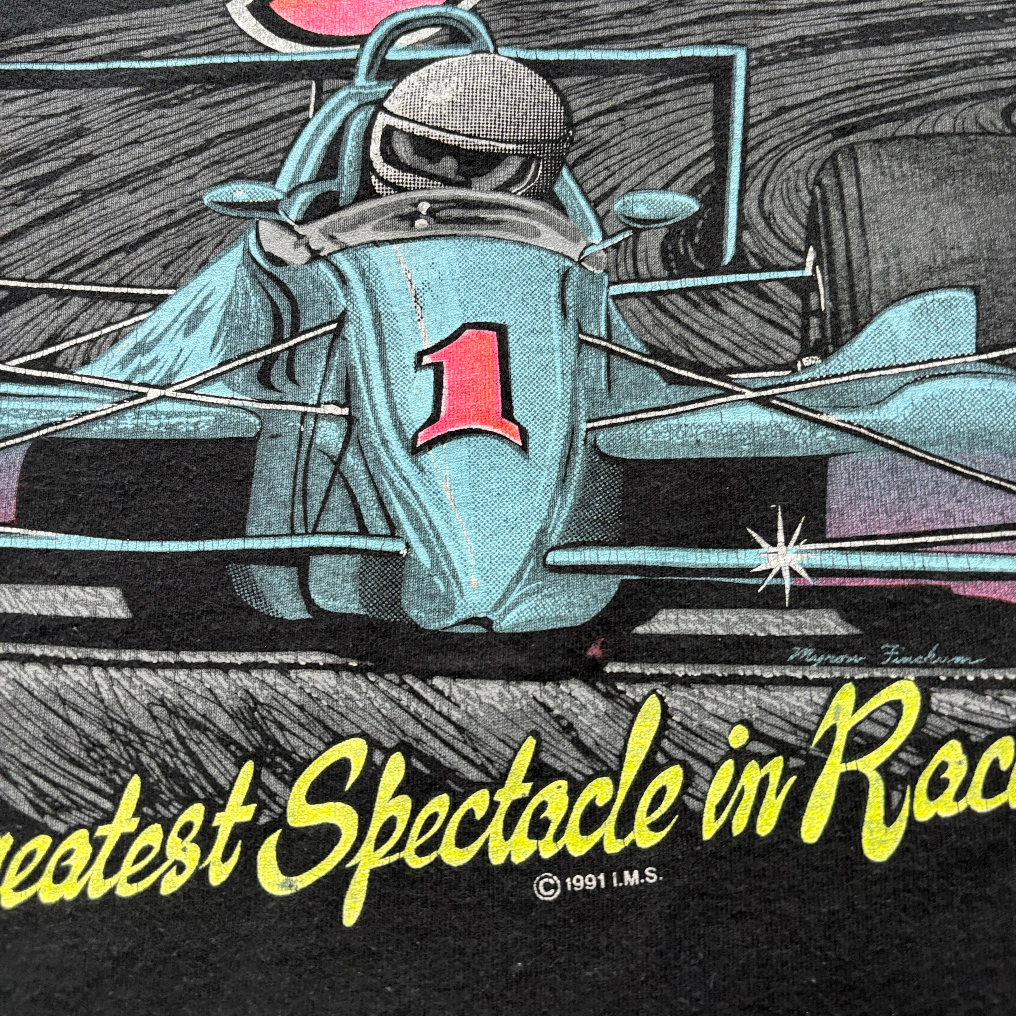 Vintage T Shirt Mens Large Black Single Stitch Graphic Print 90s Racing