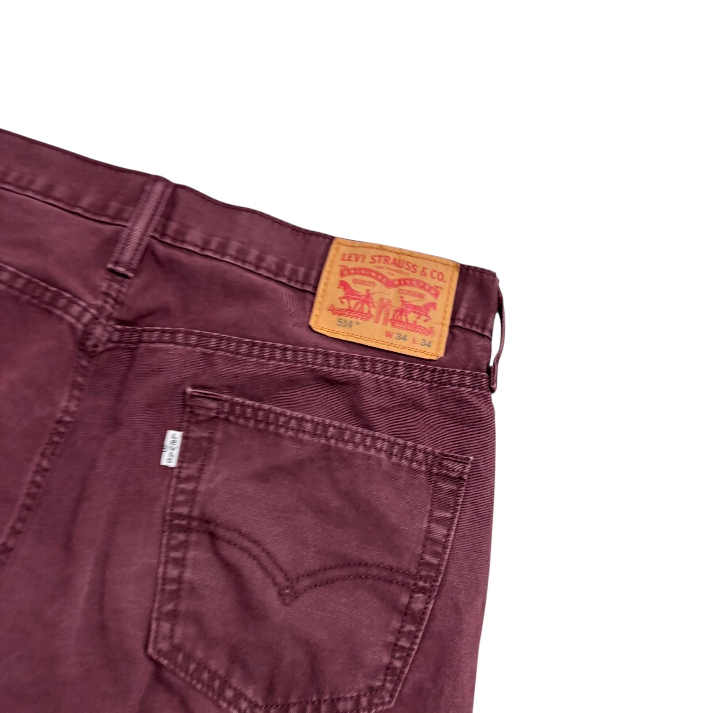 Levis 514 Trousers W34 L34 Mens Burgundy Regular Straight Fit Pants (E)