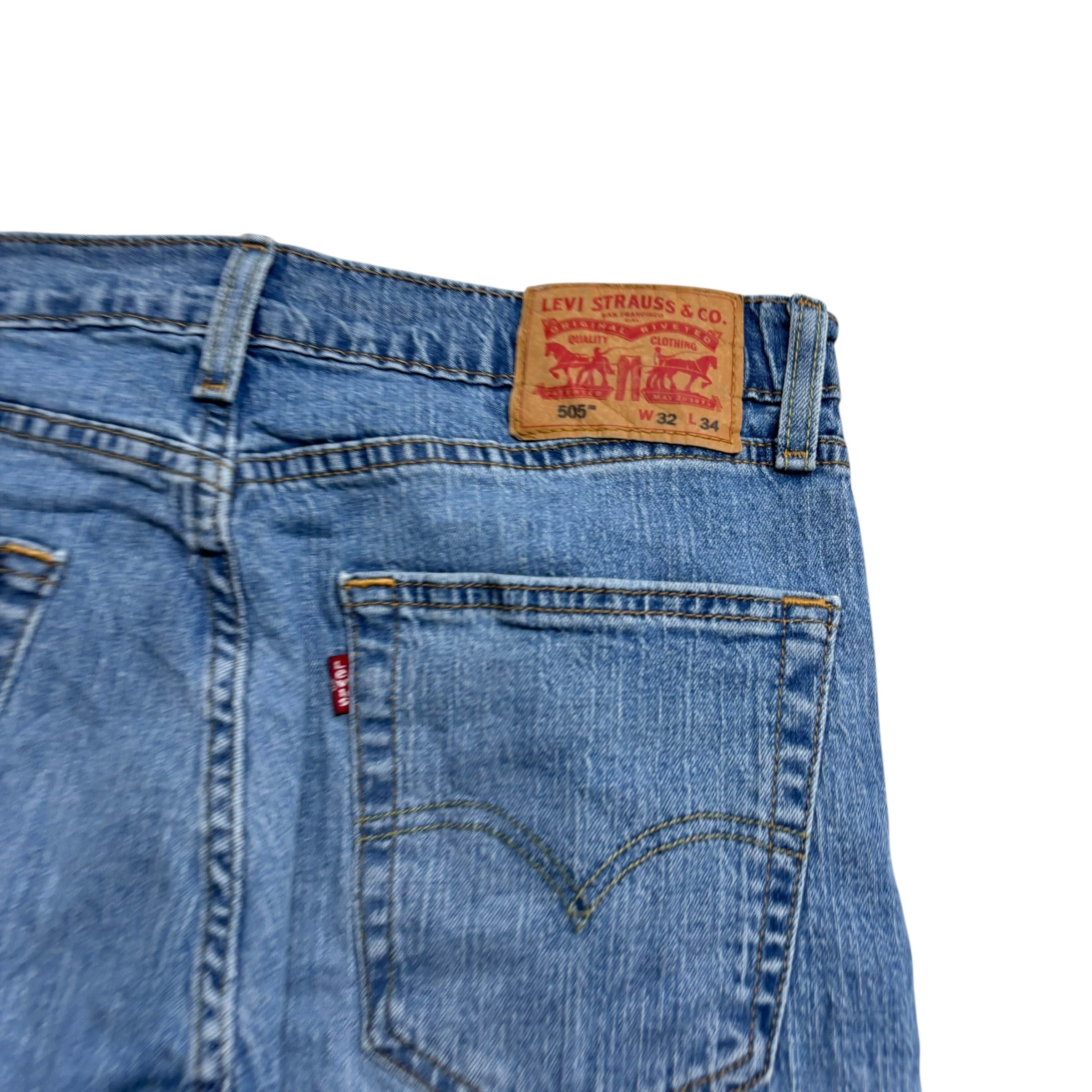 Levis 505 Jeans W32 L34 Mens Mid Blue Regular Straight Fit Stretch Denim (E)