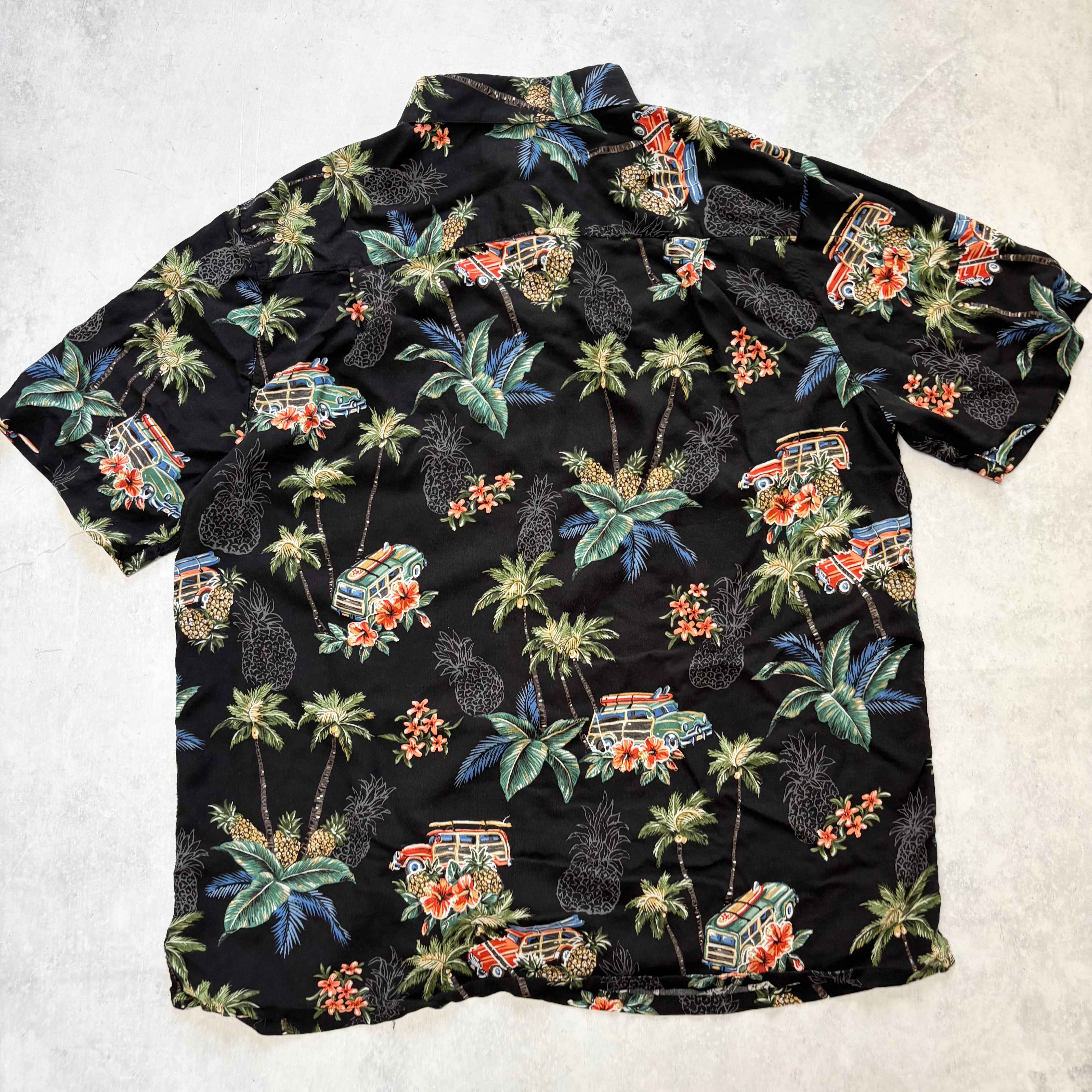 Vintage Hawaiian Shirt Mens Large Black Floral Aloha Short Sleeve Rayon (E)