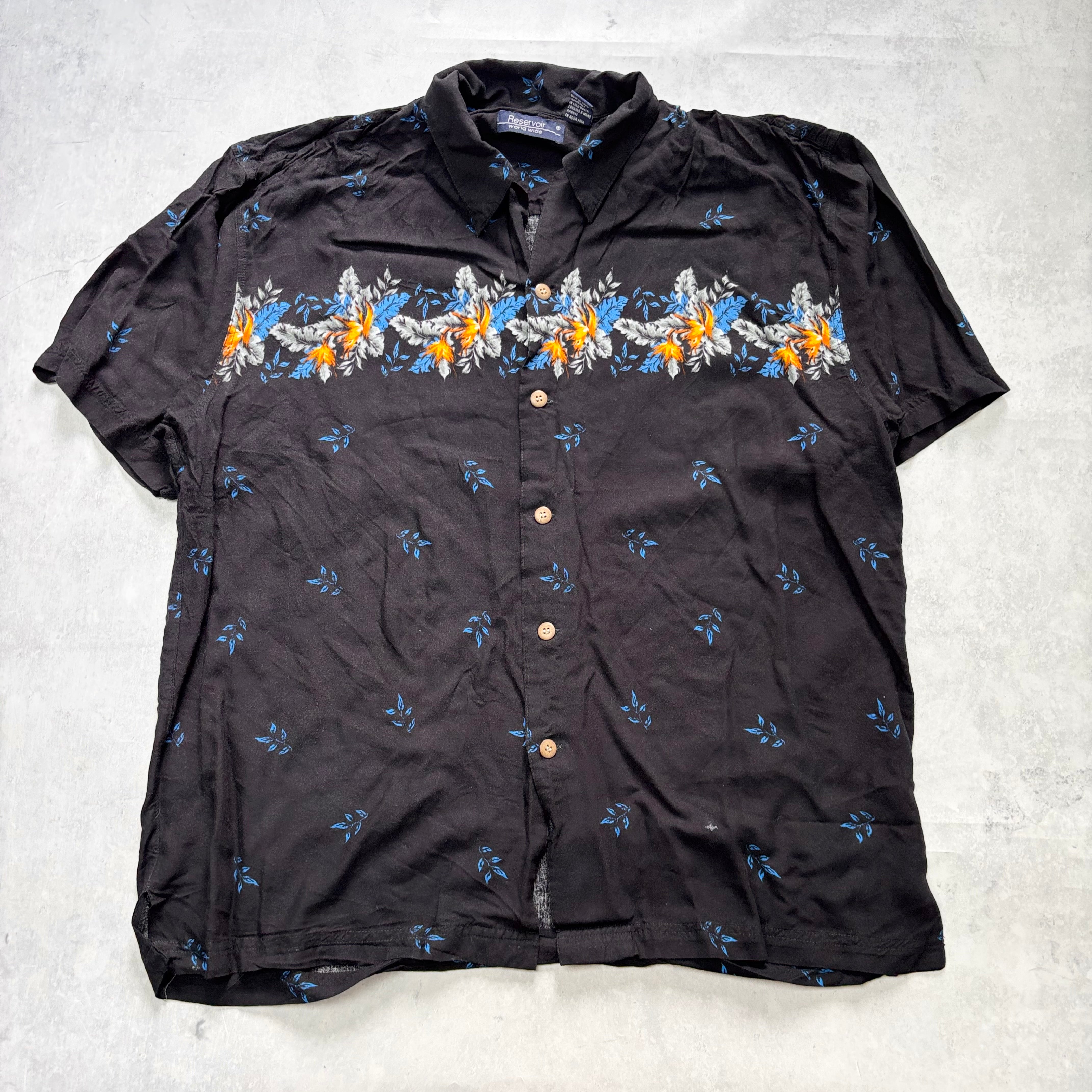 Hawaiian Shirt Mens XL Black Floral Aloha Short Sleeve Rayon Pattern Funky (E)