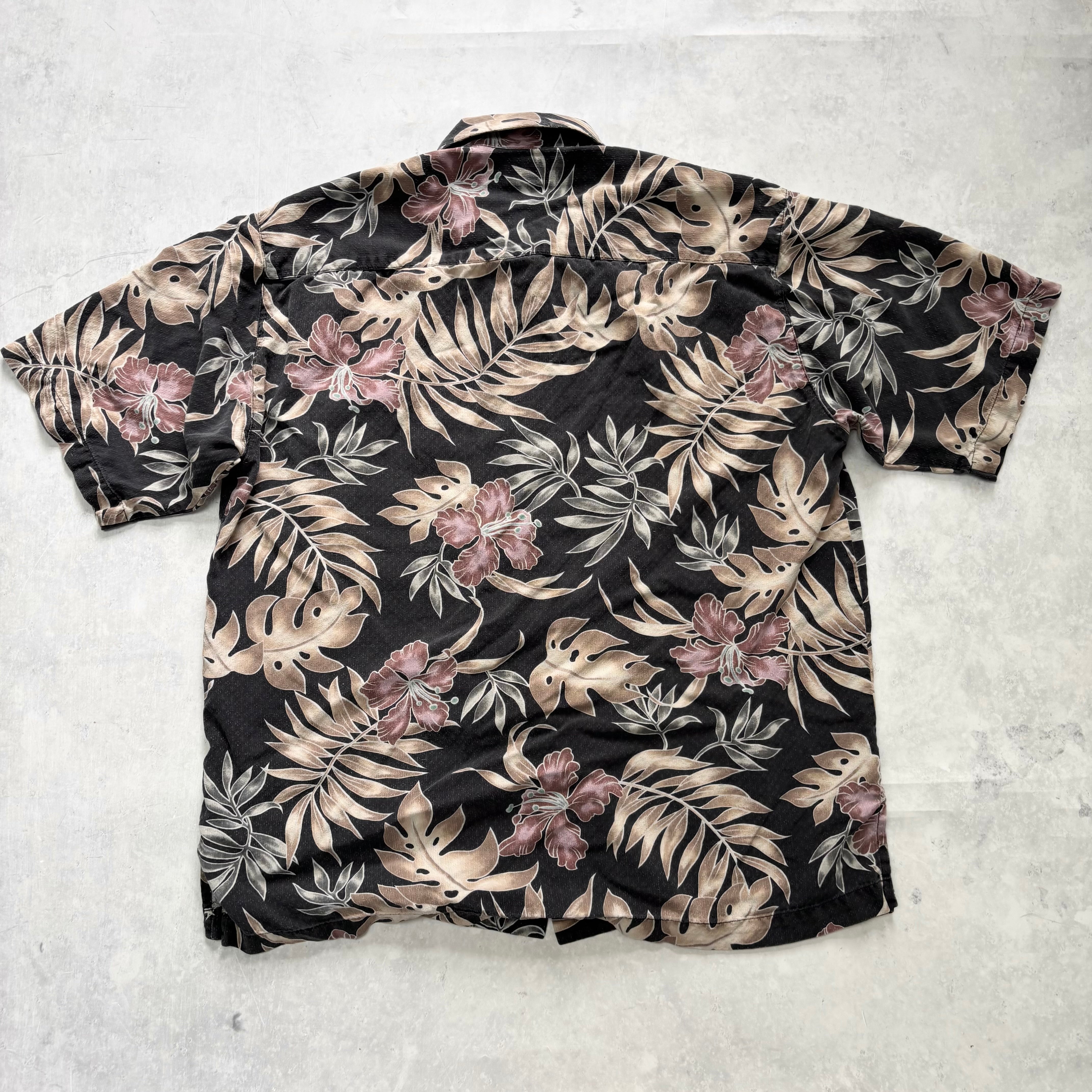 Vintage Hawaiian Shirt Mens Medium Black Floral Aloha Short Sleeve Silk (E)