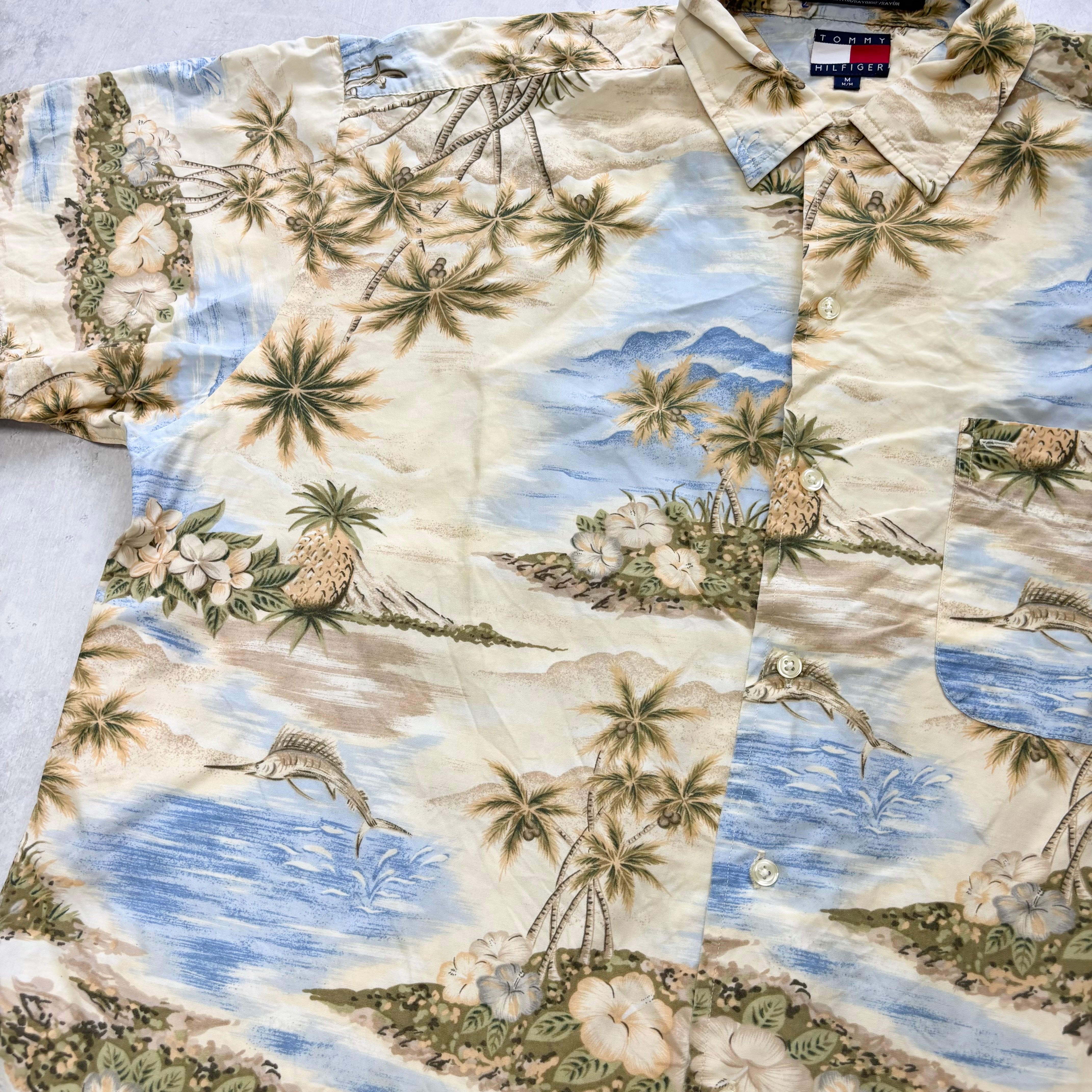 Vintage Tommy Hilfiger Hawaiian Shirt Mens Large Beige Aloha Rayon 90s (E)