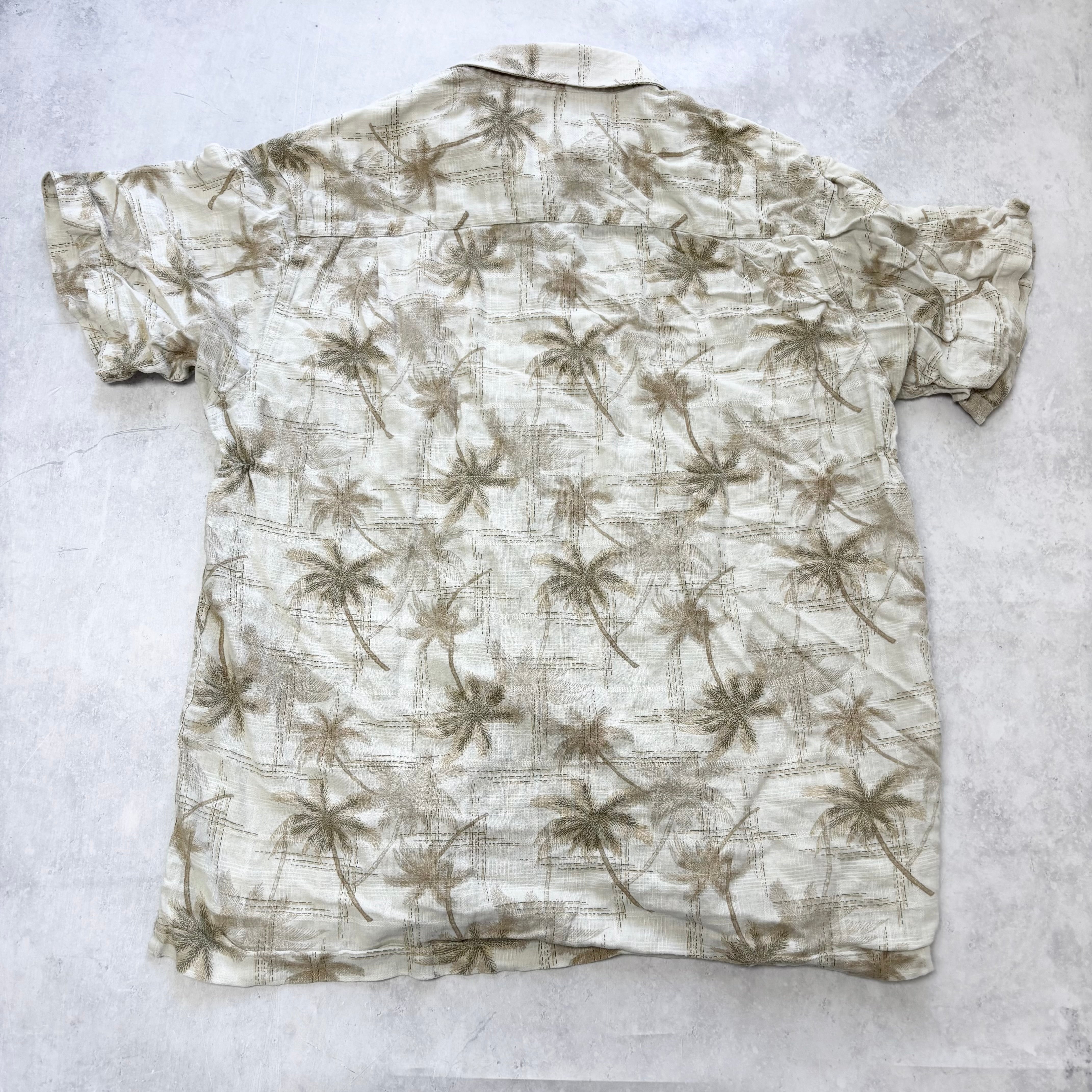 Vintage Hawaiian Shirt Mens Large Beige Linen Floral Aloha Short Sleeve (E)