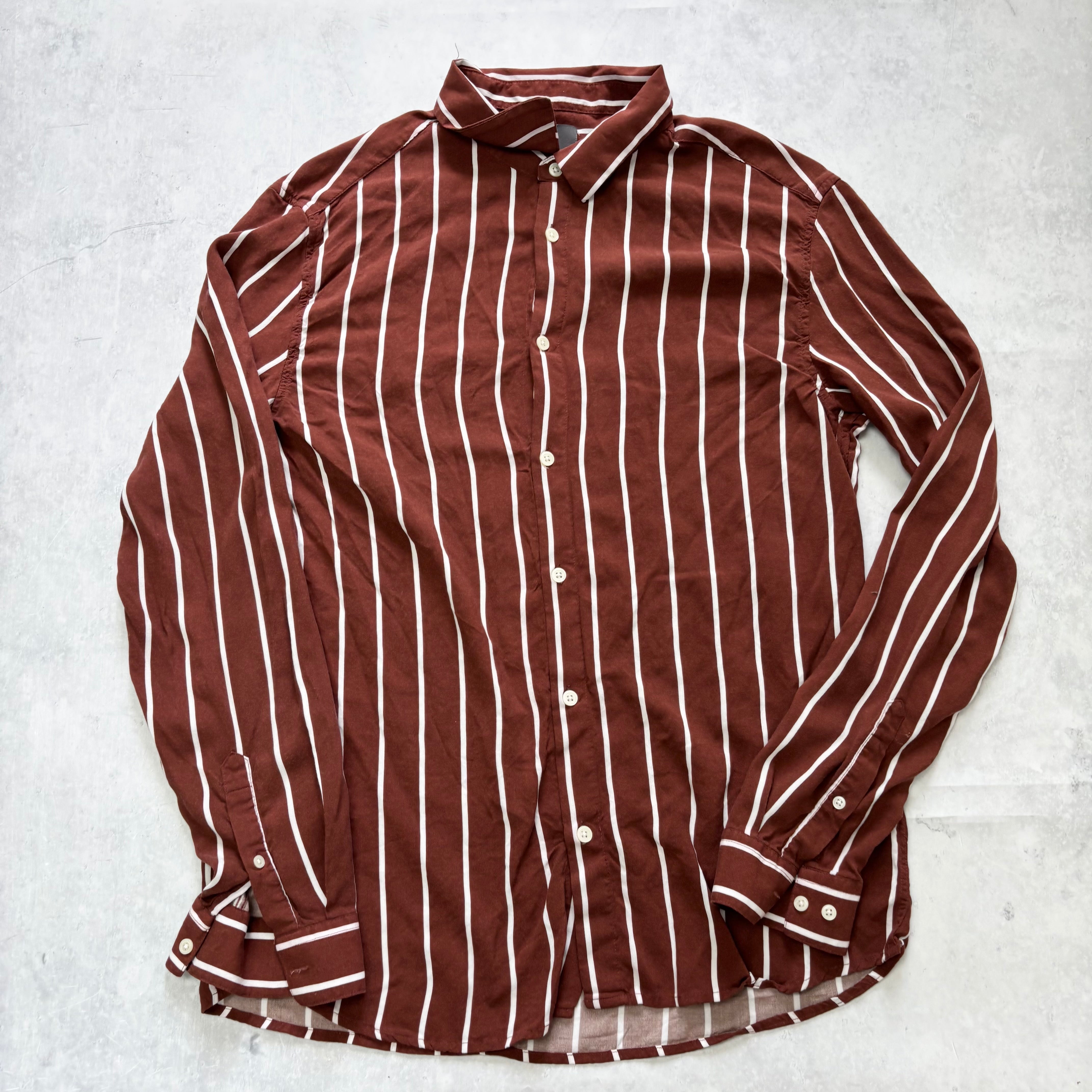 H&M Shirt Mens Large Brown Striped Long Sleeve Viscose (E)