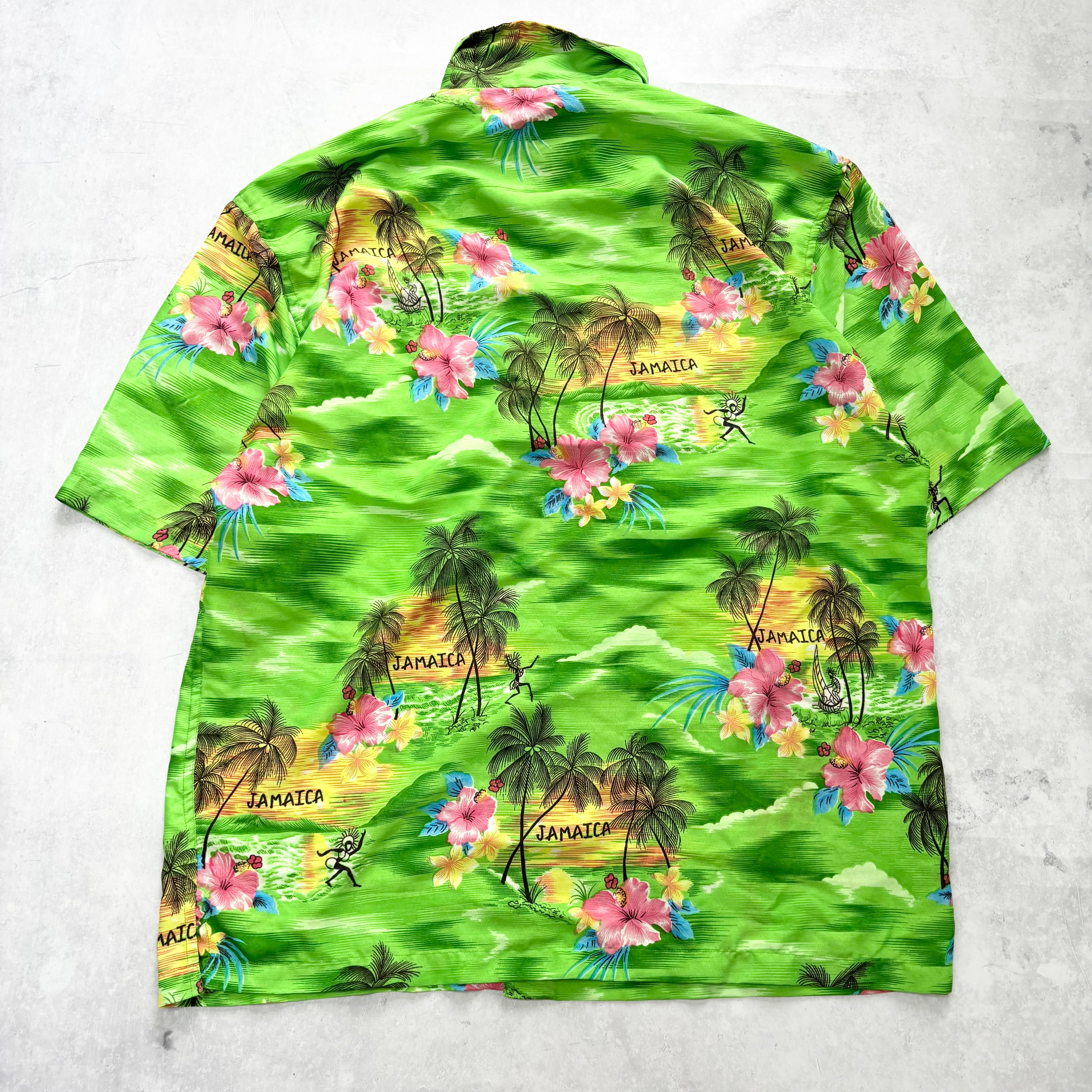 Hawaiian Shirt Mens XL Green Floral Aloha Short Sleeve Polyester (E)
