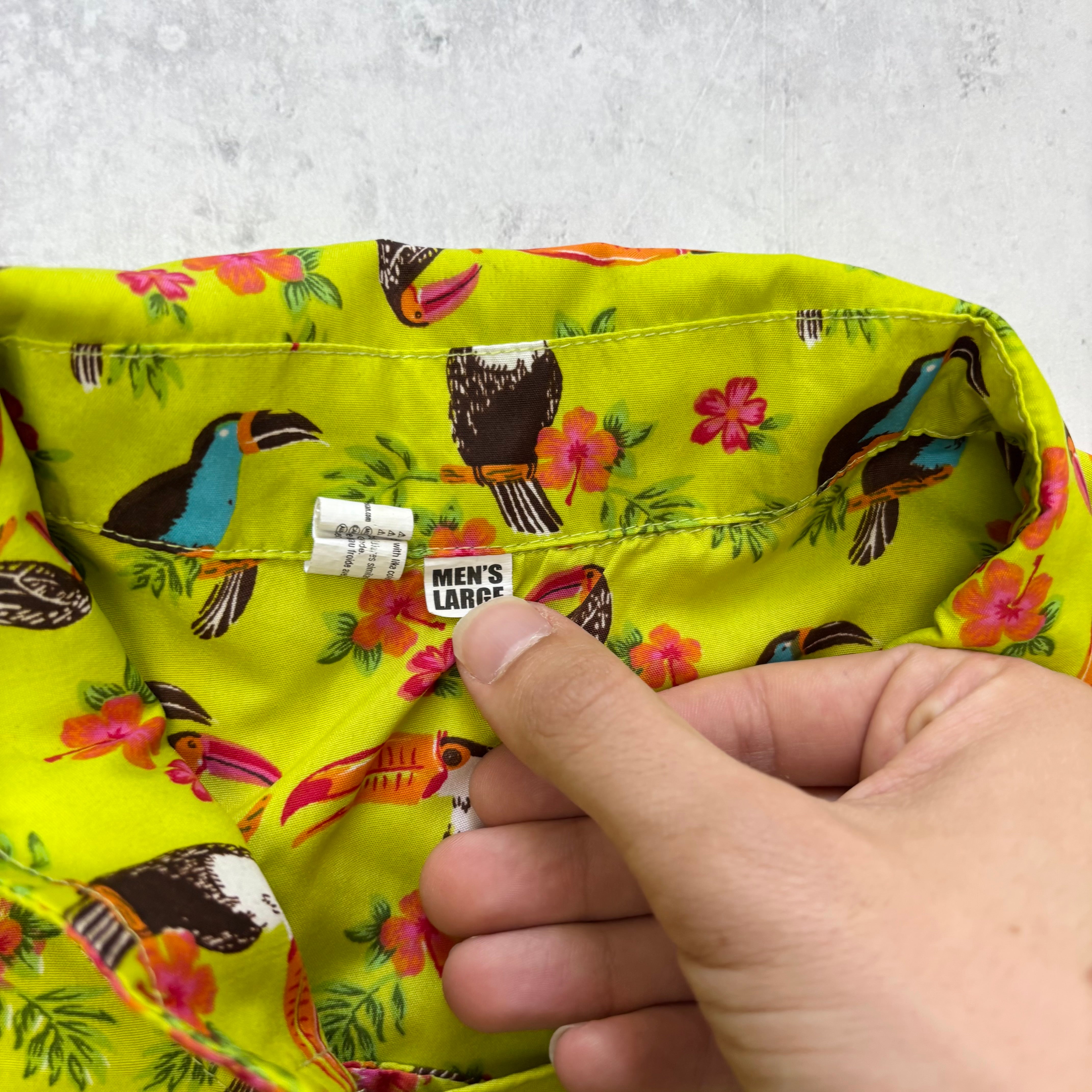 Hawaiian Shirt Mens Large Green Floral Short Sleeve Polyester Slim Fit (E)