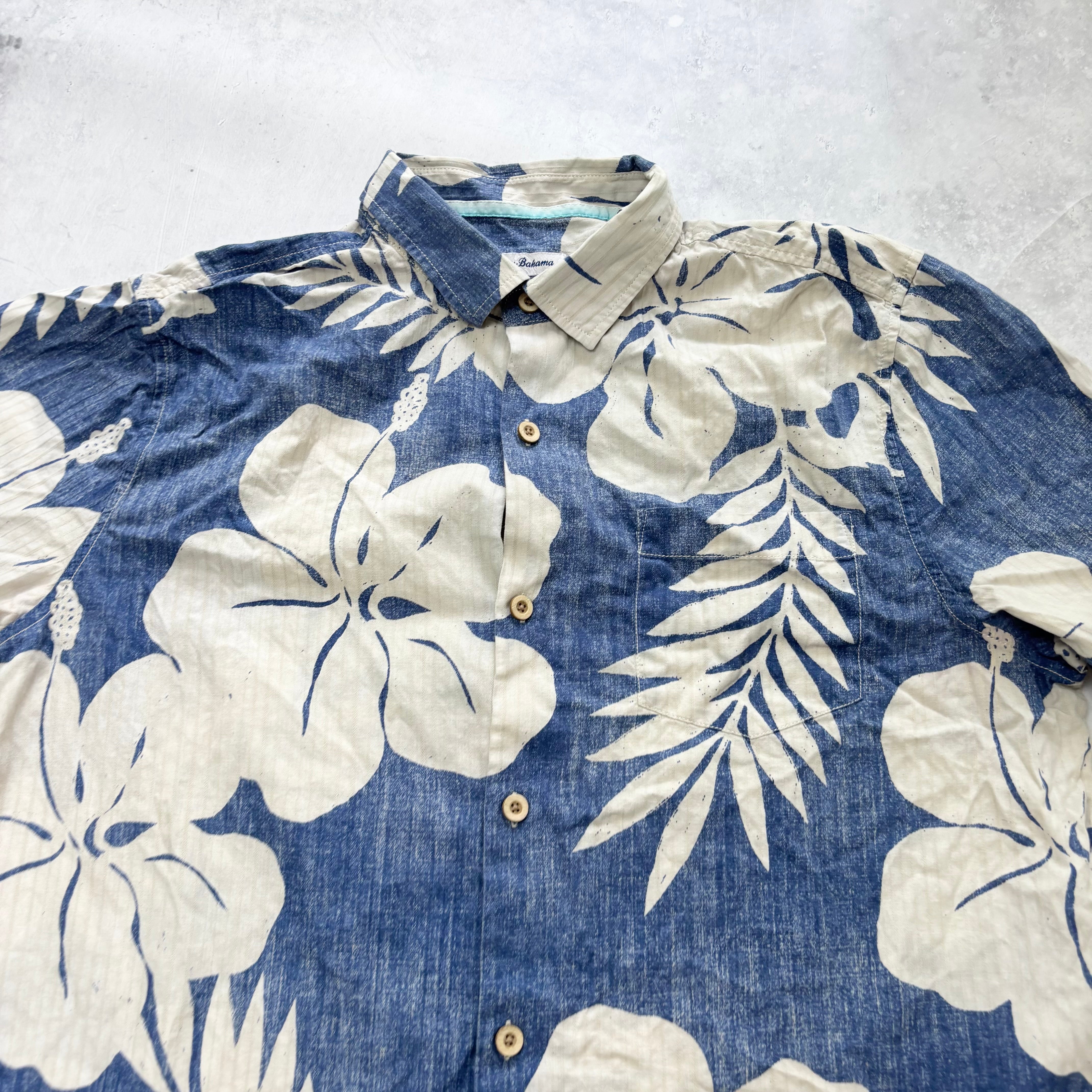 Vintage Hawaiian Shirt Mens XL Blue Black Floral Aloha Tommy Bahama Cotton (E)