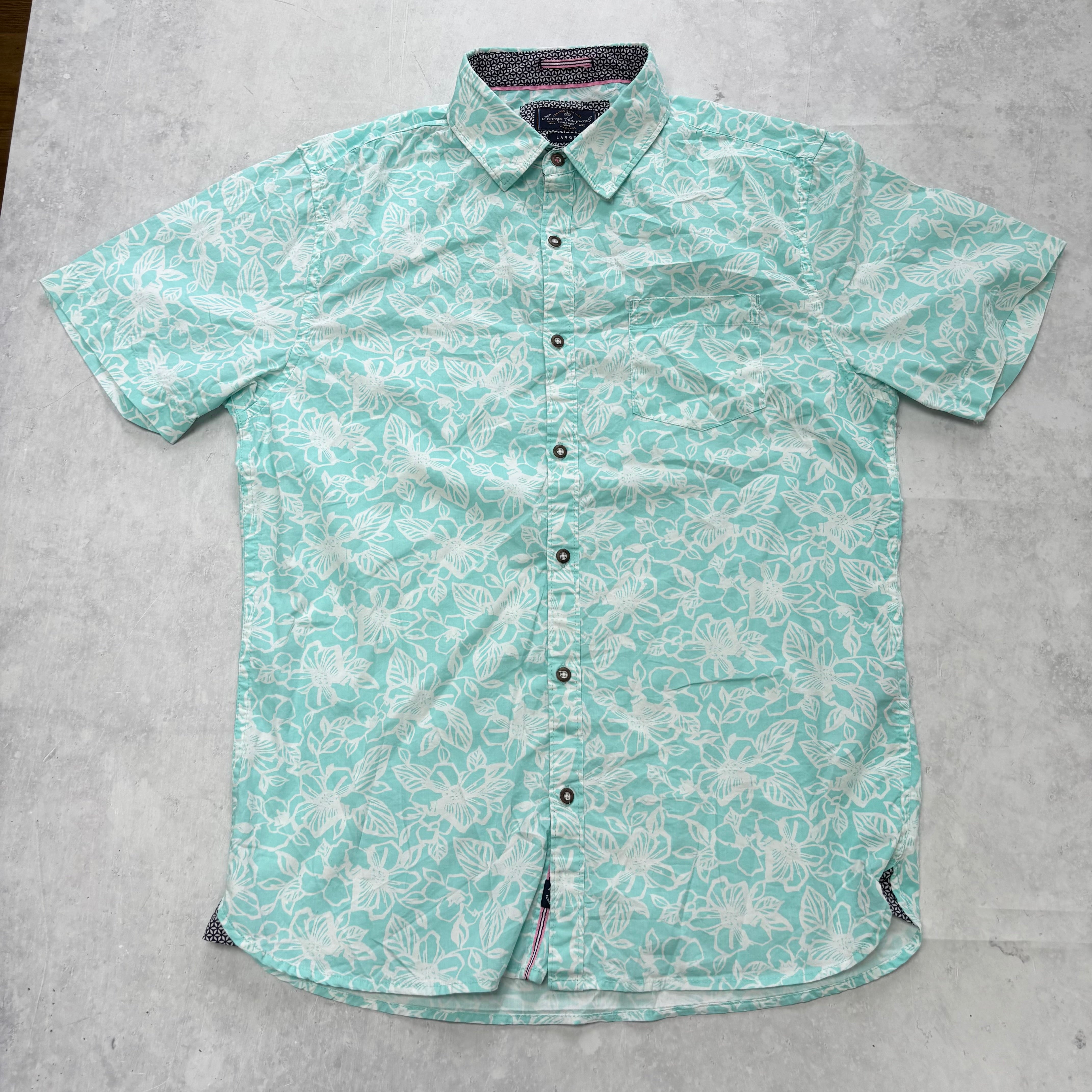 Hawaiian Shirt Mens Large Blue Slim Fit Short Sleeve Cotton (E)