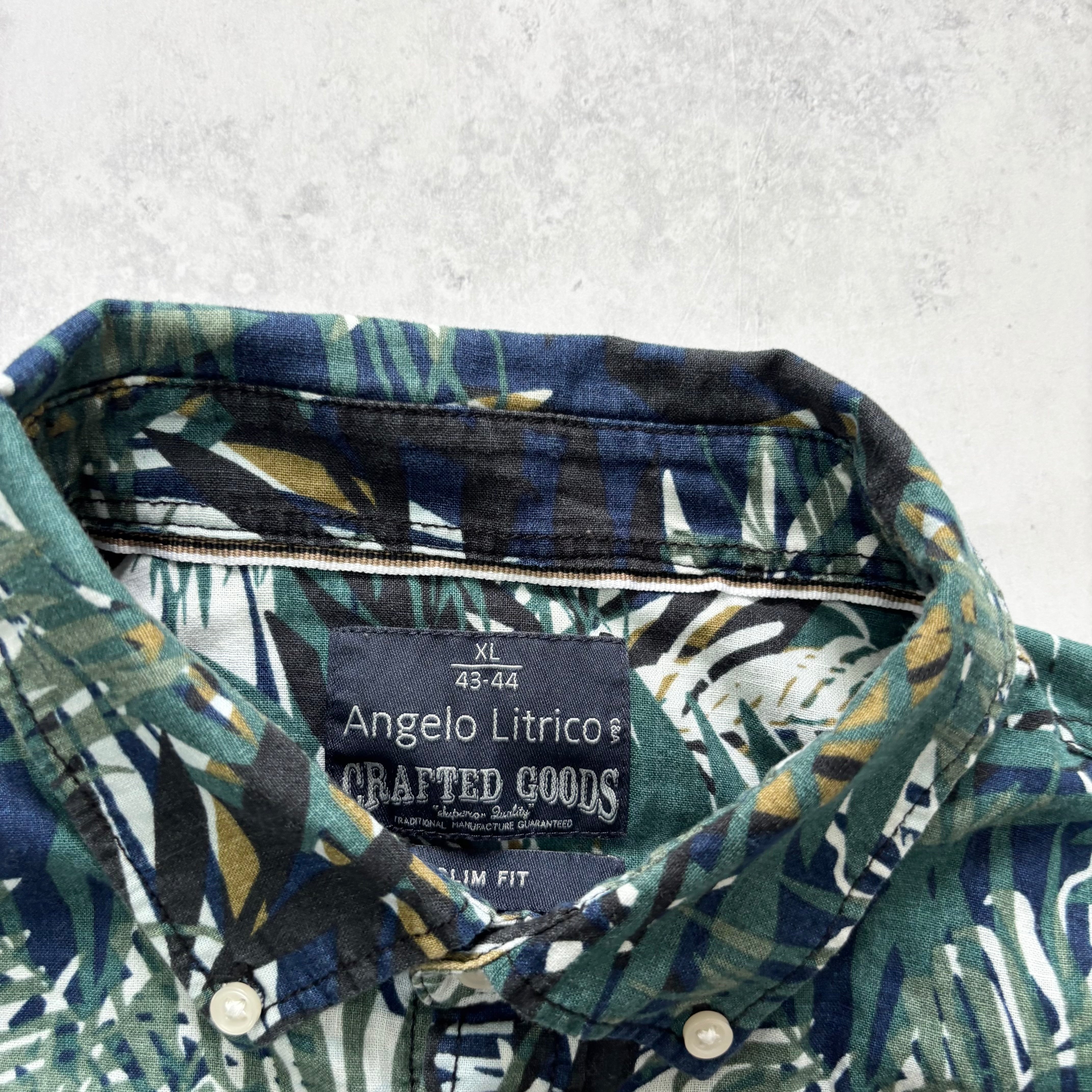 Hawaiian Shirt Mens XL Navy Green Floral Aloha Short Sleeve Slim Linen (E)