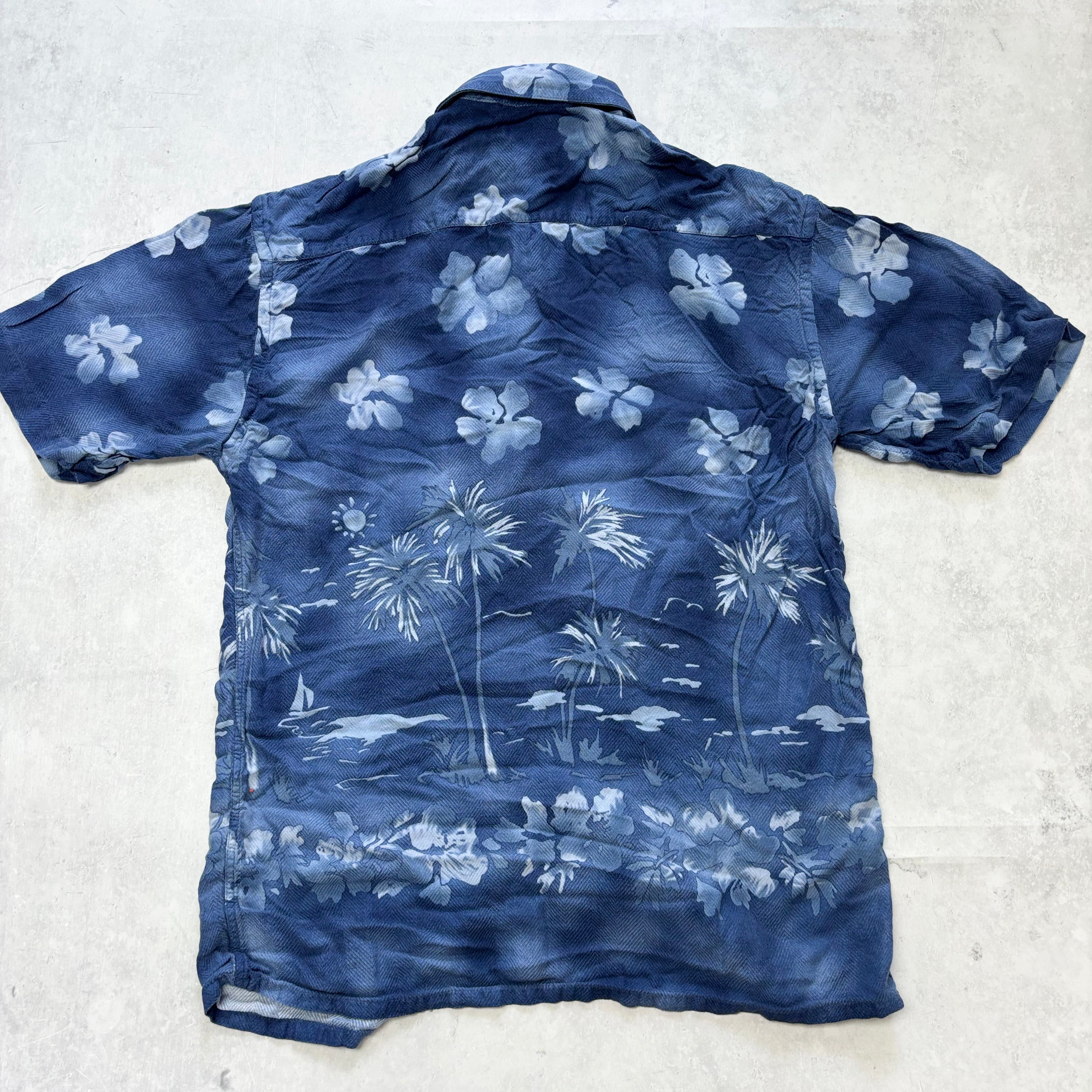 Hawaiian Shirt Mens Small Blue Aloha Floral Short Sleeve Rayon (E)