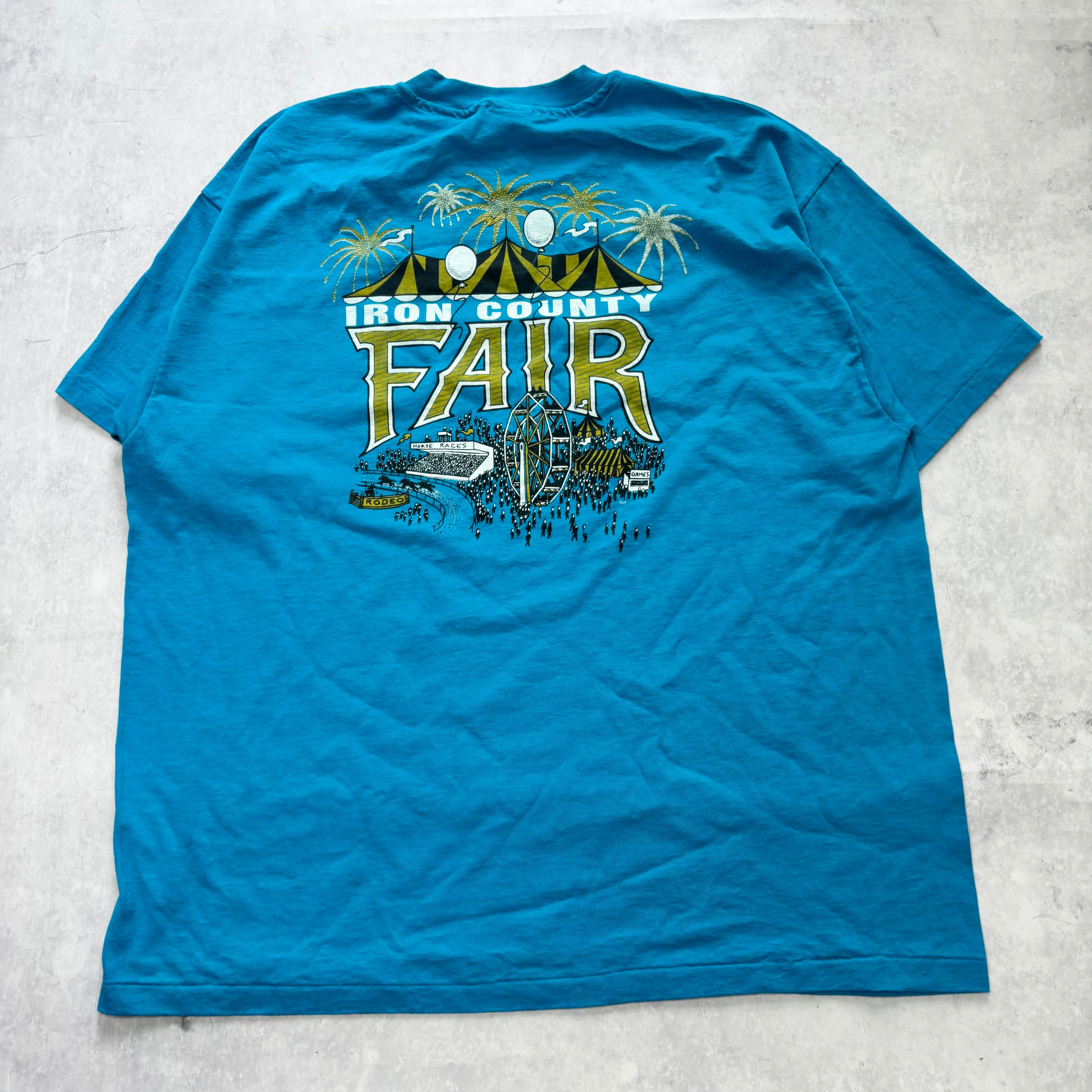 Vintage T Shirt Mens XXL Blue Single Stitch Graphic Print 90s USA Fair (E)