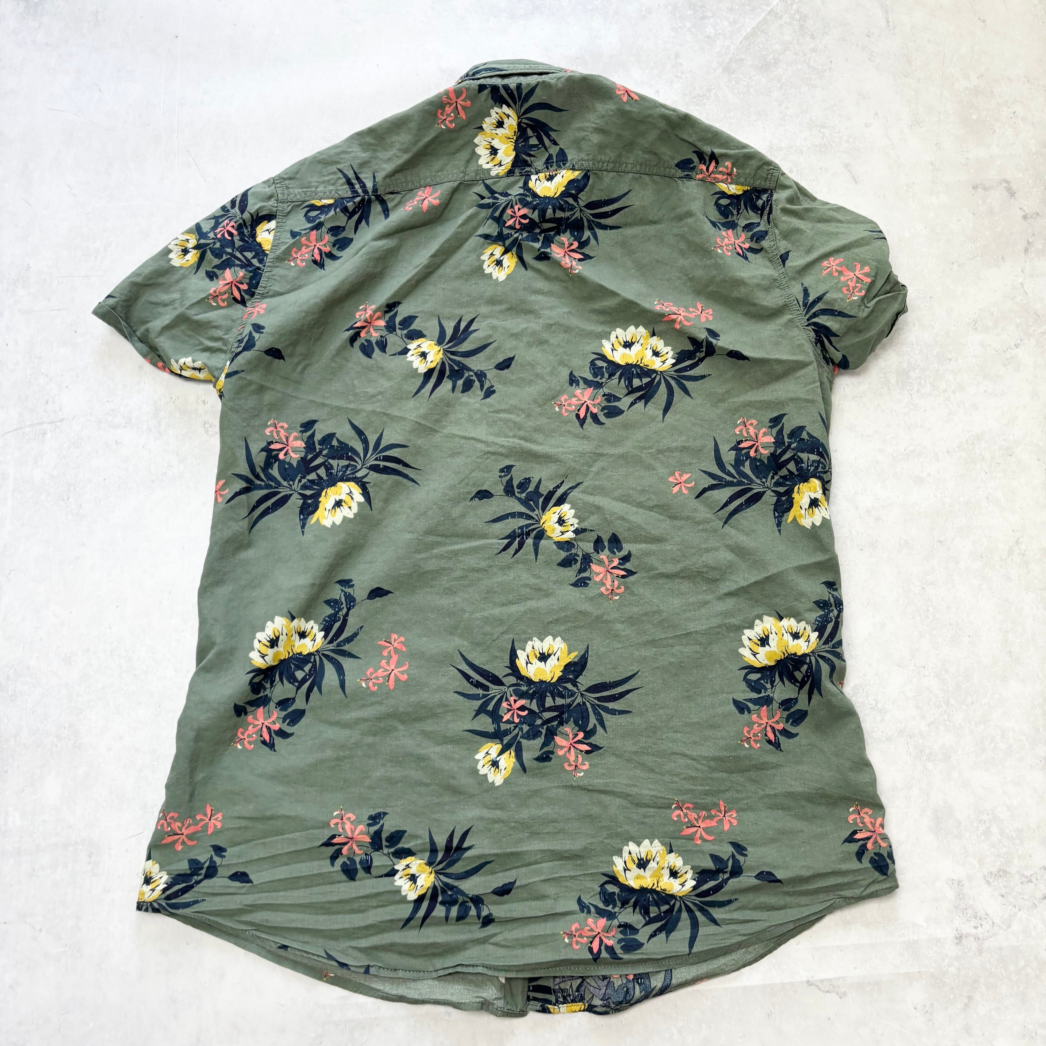 Hawaiian Shirt Mens Large Green Floral Aloha Short Sleeve Cotton Slim Fit (E)