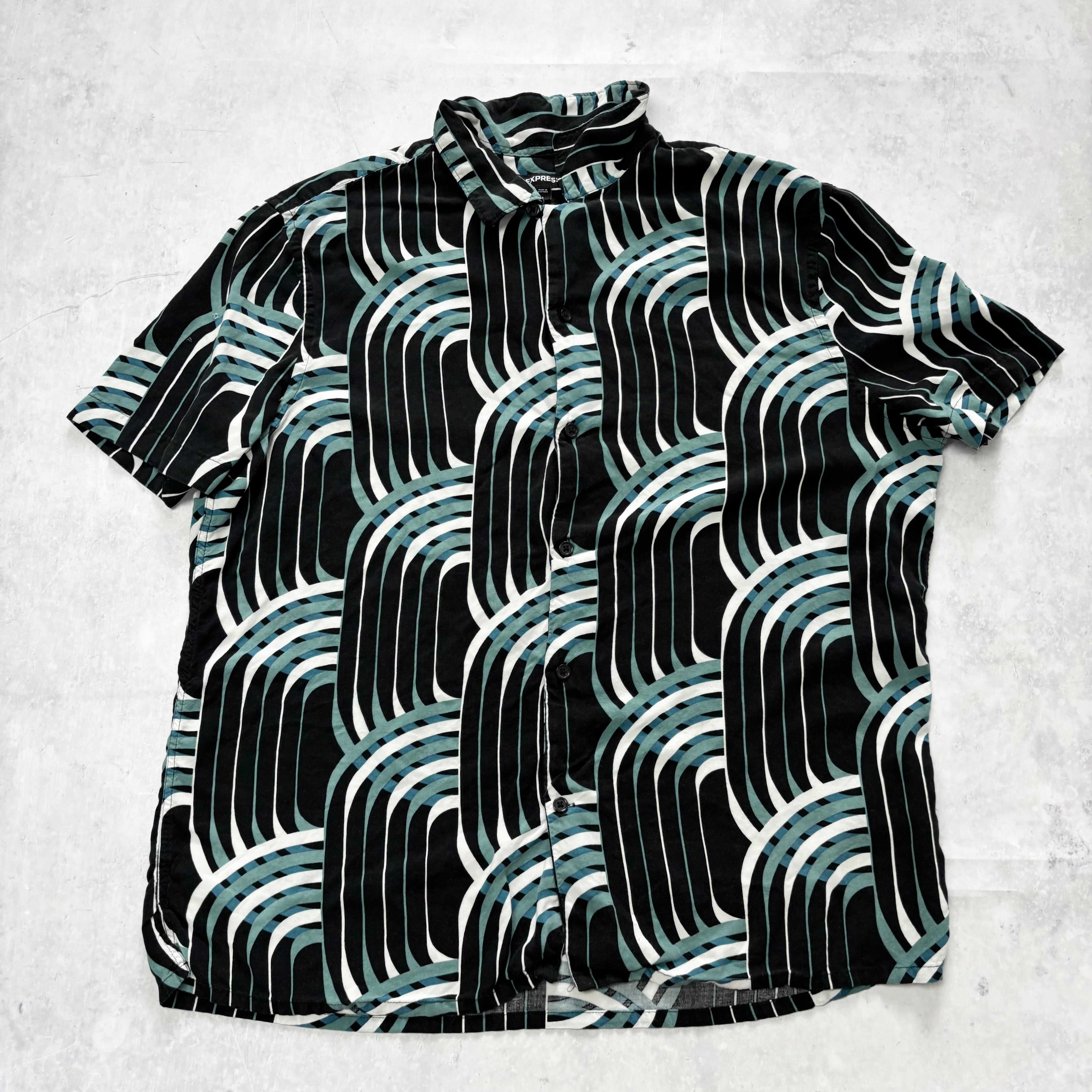 Express Shirt Mens Large Black Abstract Funky Short Sleeve Rayon (E)